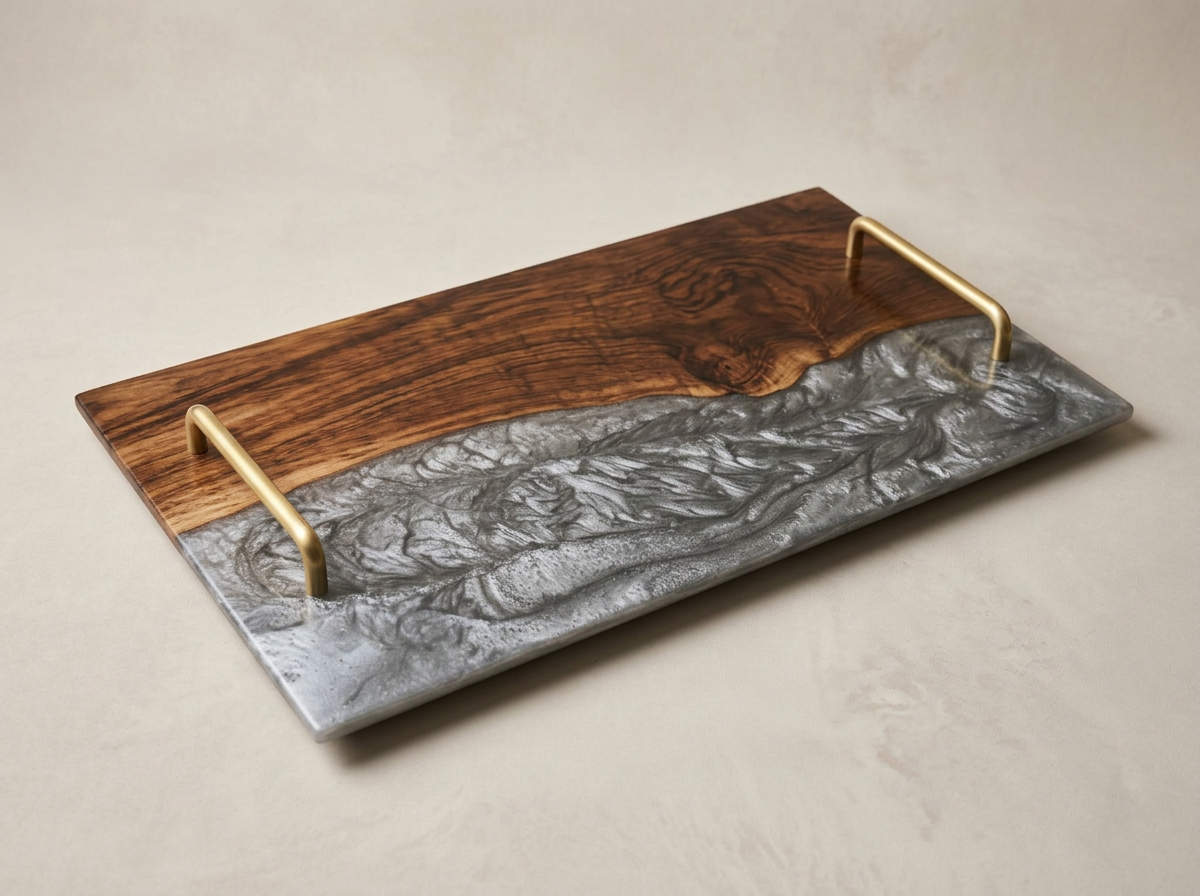 Plate en bois et métal, avec deux poignées en métal doré.
