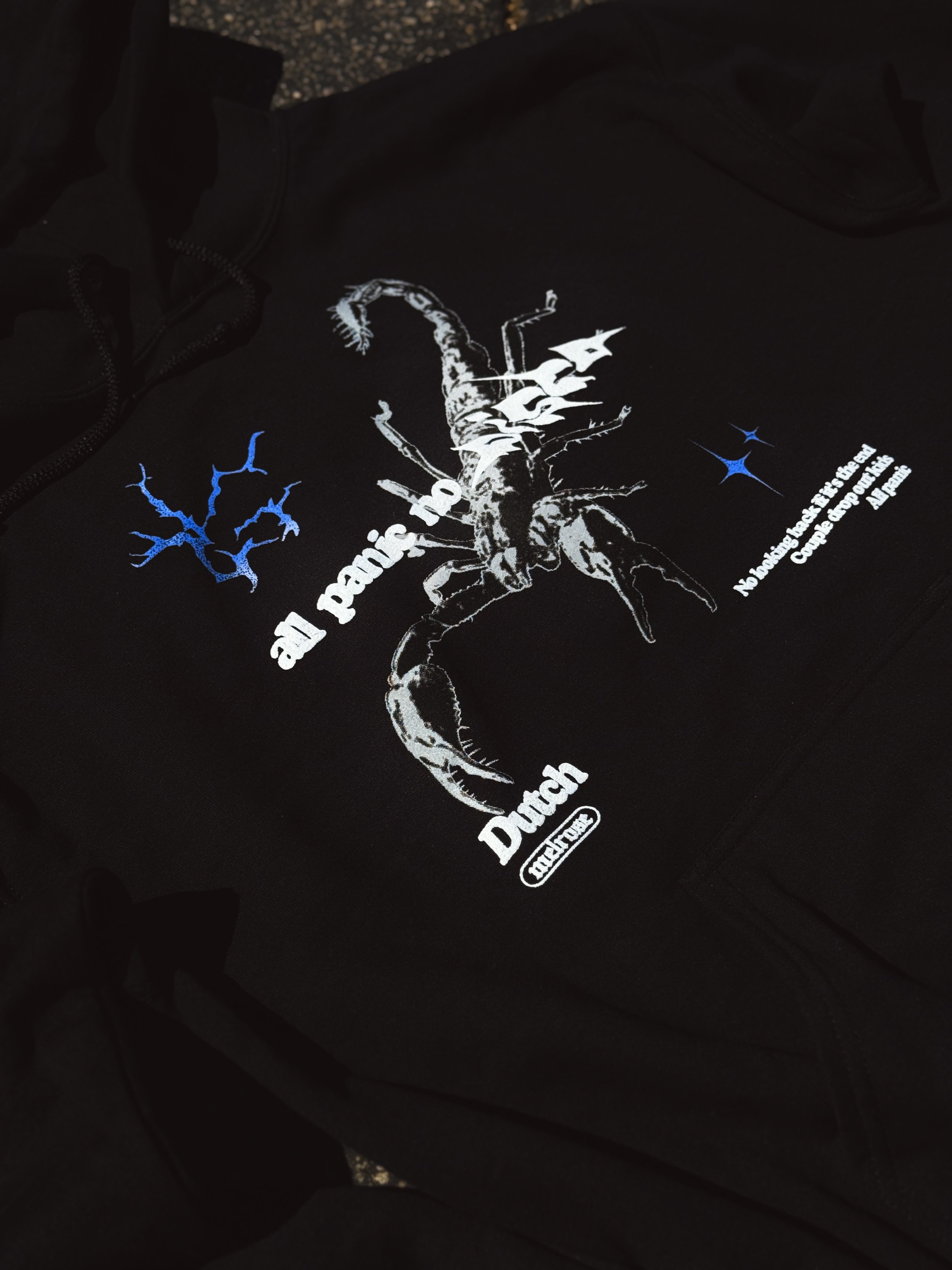 Close-up of a black T-shirt with a white and blue graphic of a dinosaur and text. The text reads: 'Dinosaur' and 'Nothing's the end, complete curve outside all mine.'