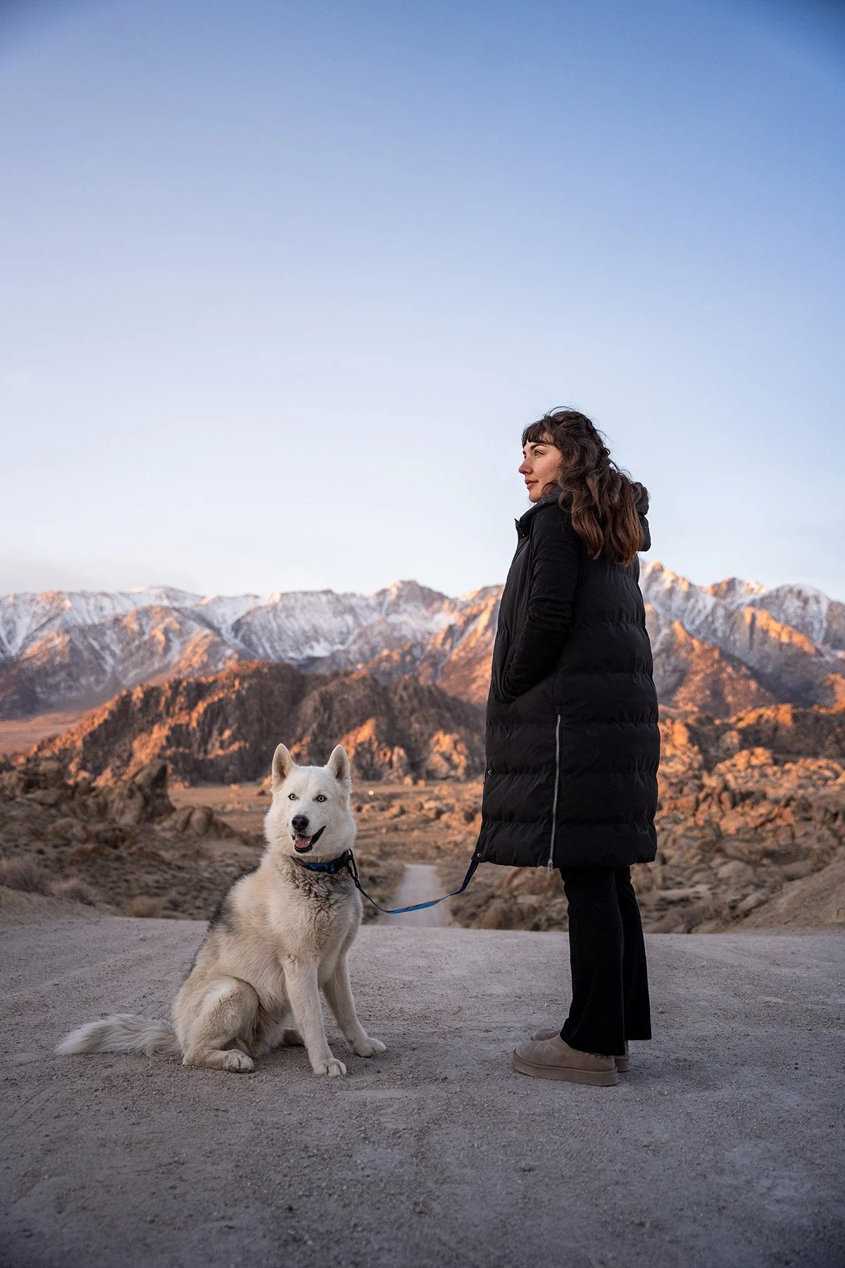 A woman in a black coat standing outdoors with a white husky dog on a leash, mountain range in the background during sunset.