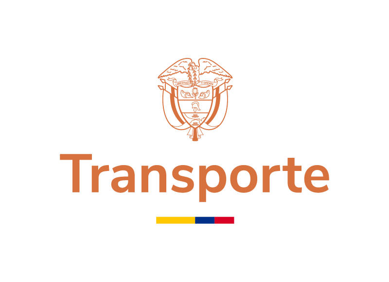 Logotipo del transporte con un escudo y la palabra 'Transporte' en letras grandes, fondo negro, con barras de colores amarillo, azul y rojo debajo.