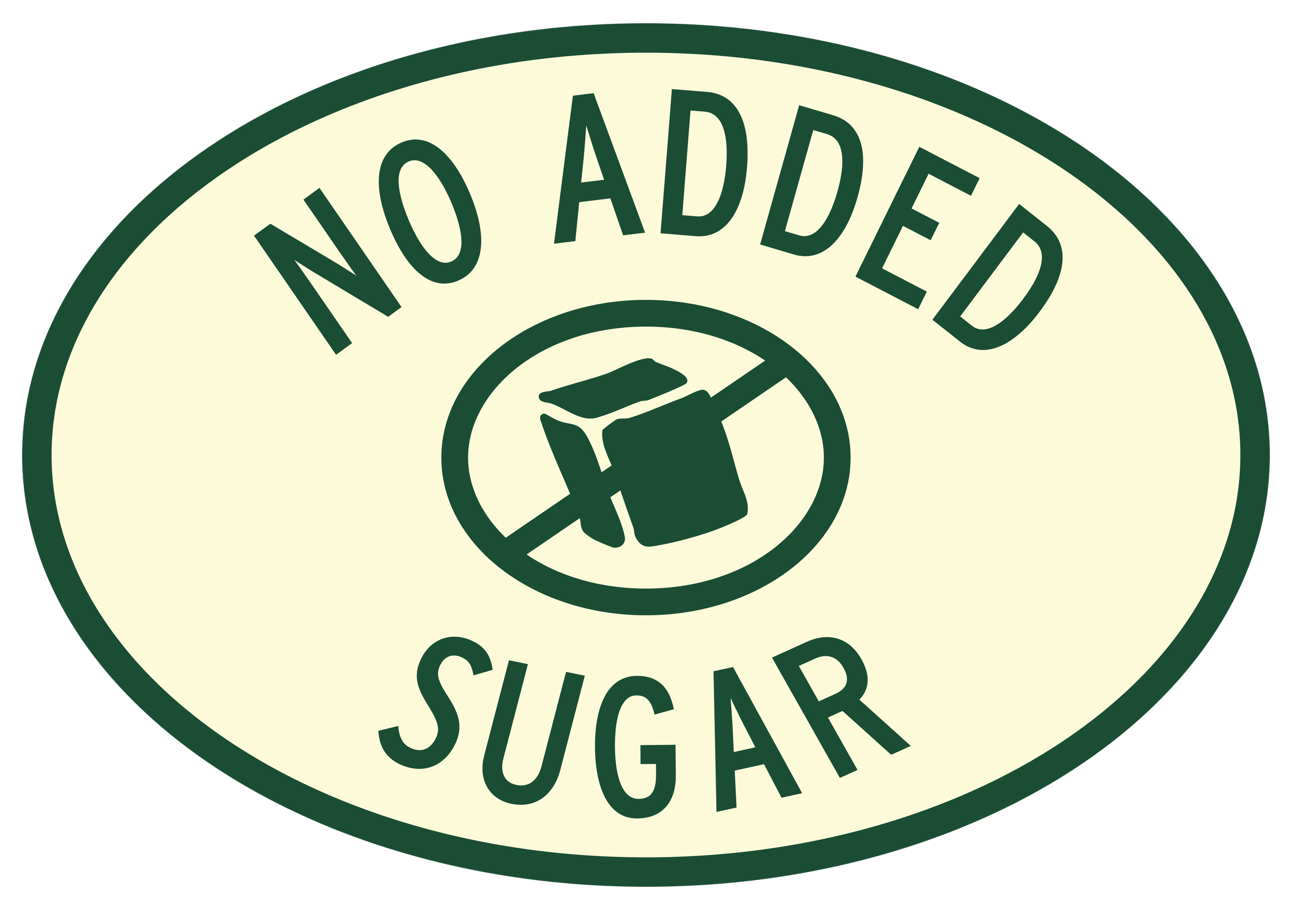 Eco-friendly sticker that says 'No Added Sugar' with a crossed-out sugar cube icon.