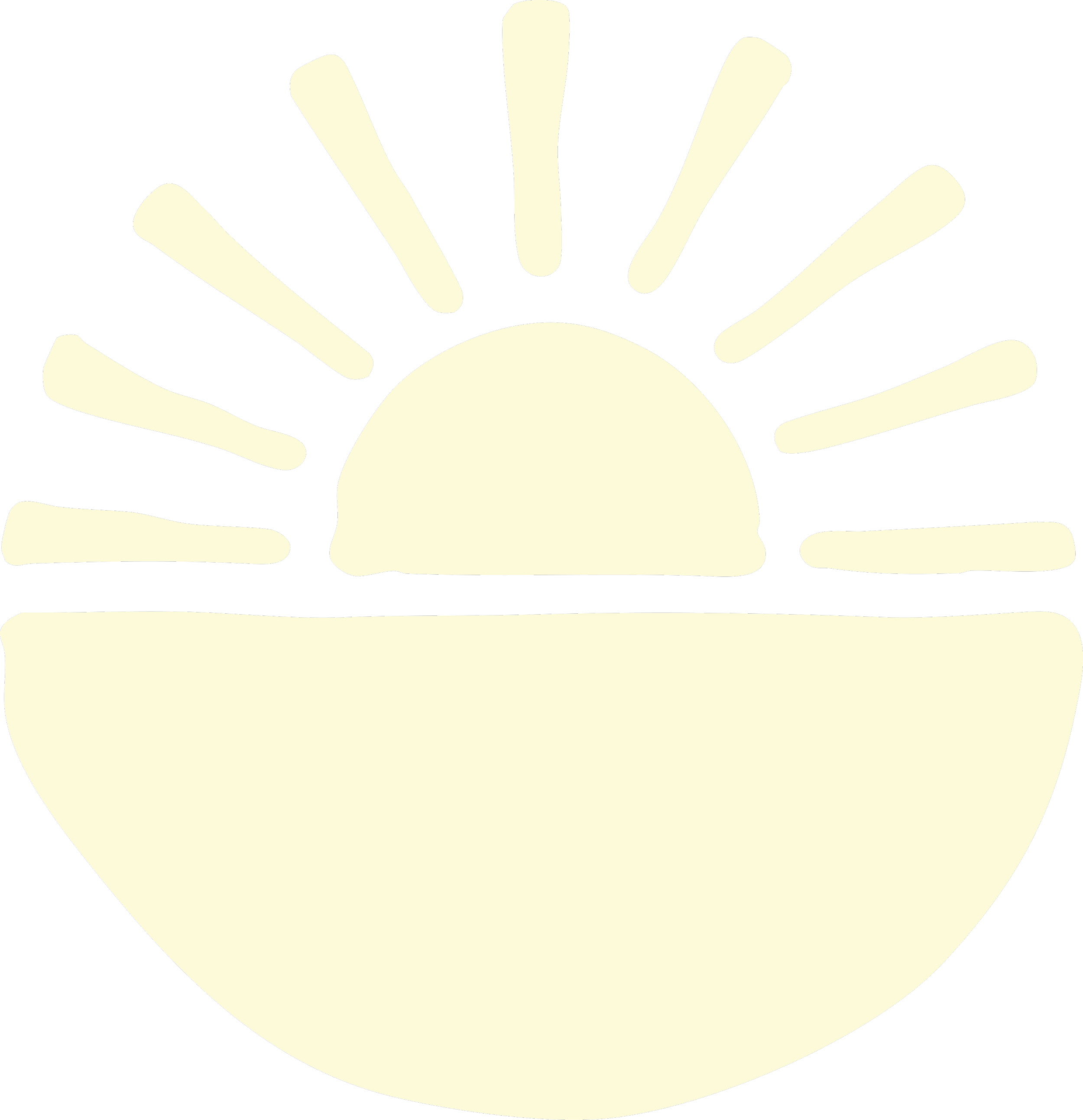 Simplified graphic of a sunrise over a horizon, with a rounded sun and rays emanating from it.