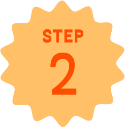A badge-shaped graphic with an orange background and scalloped edges, displaying the text 'STEP 2' in bold orange letters.