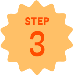 A badge with a tan, starburst shape and orange text that says 'STEP 3'