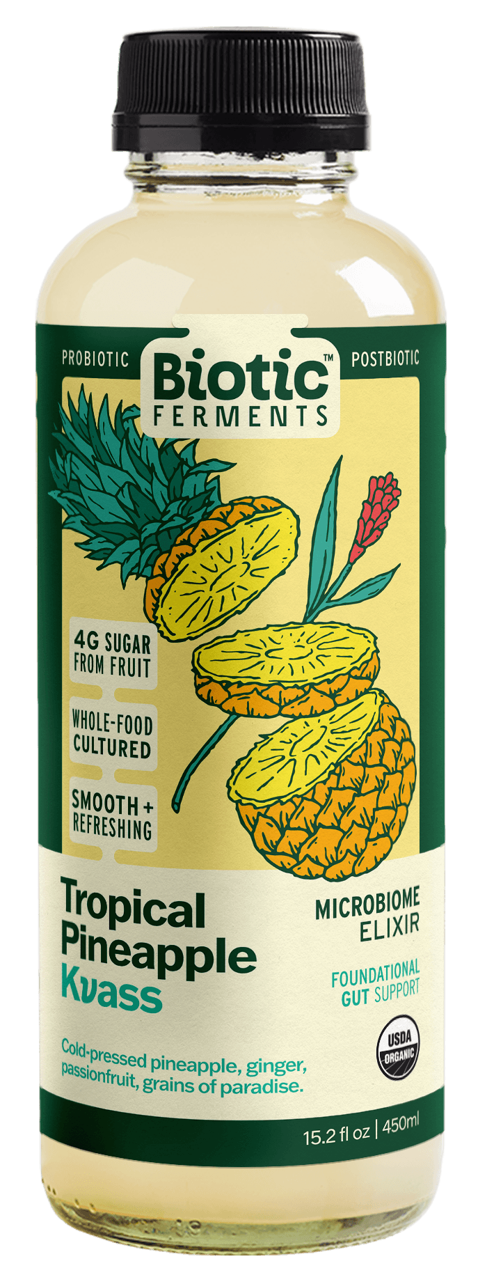 A bottle of Biotic Ferments Tropical Pineapple Kuass probiotic drink with a black cap and a label featuring illustrations of pineapple, ginger, and passionfruit, and text indicating it is organic, contains 4 grams of sugar from fruit, and promotes gut health.