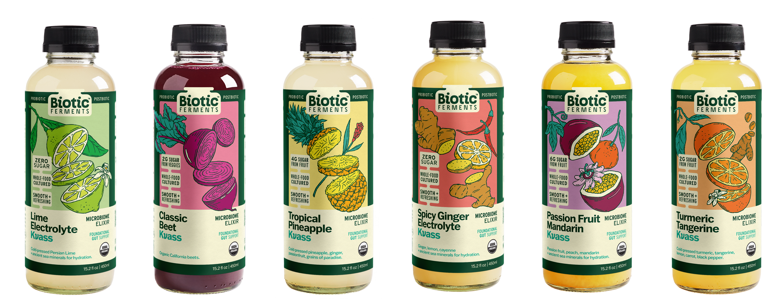 Six bottles of Biotic Ferments probiotic elixir drinks with colorful illustrated labels, including lime electrolyte, classic beet, tropical pineapple, spicy ginger, passion fruit mandarin, and turmeric tangerine, arranged in a row against a black background.