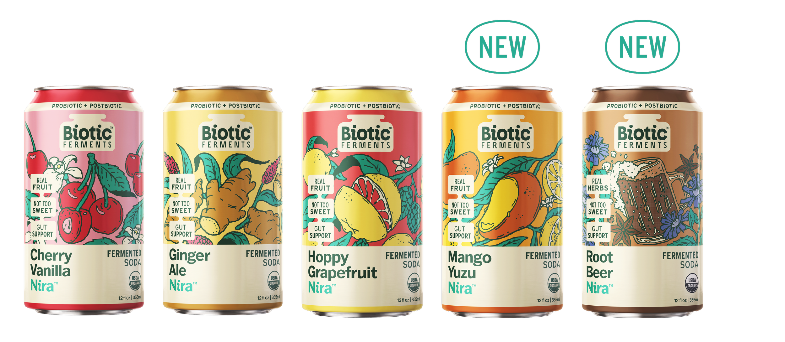 Five cans of Biotic Ferments soda with vibrant fruit and herbal illustrations, labeled Cherry Vanilla, Ginger Ale, Hoppy Grapefruit, Mango Yuzu, and Root Beer, each 12 ounces, USDA Organic.