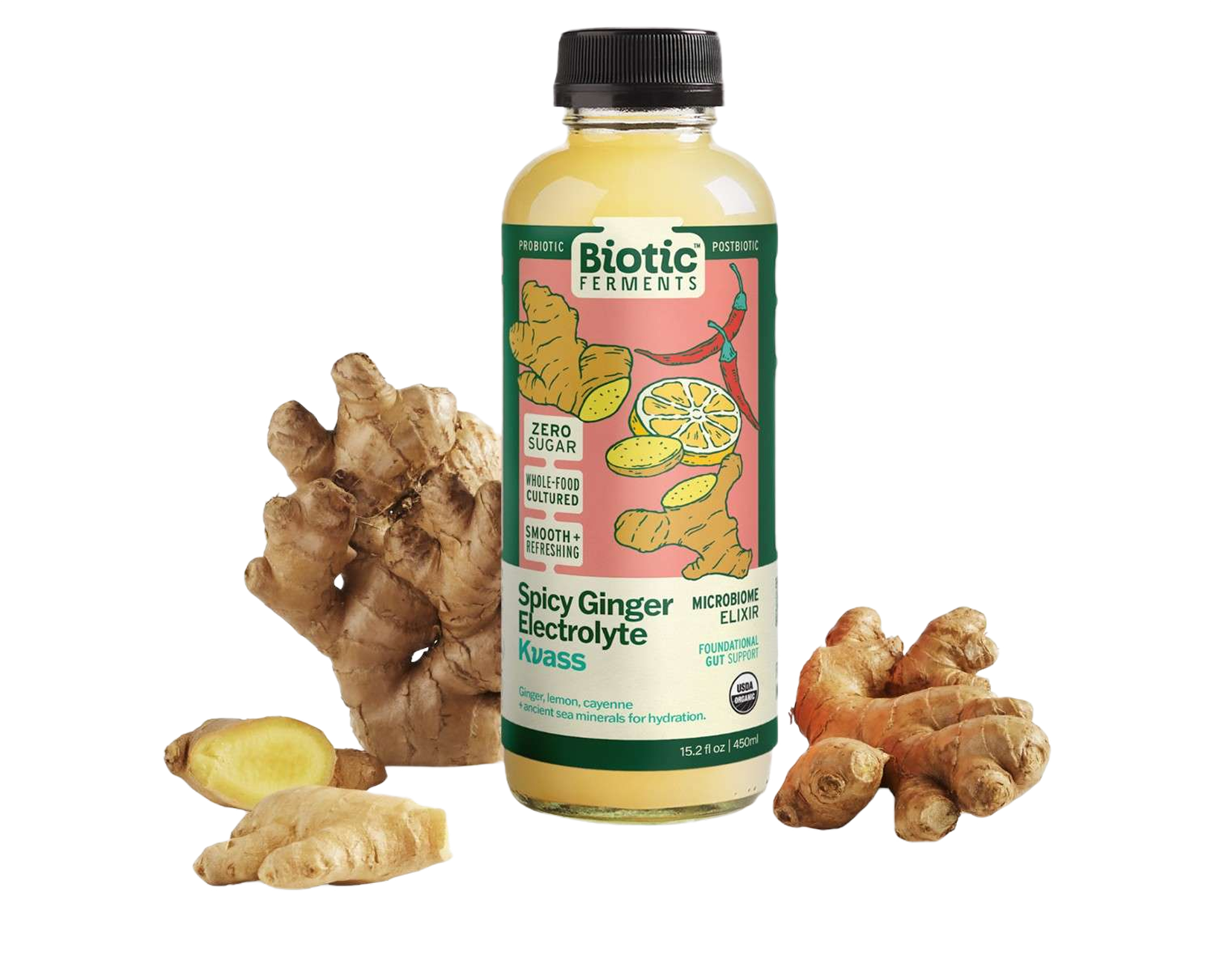 A bottle of Biotic Ferments Spicy Ginger Electrolyte Kvass with ginger roots and ginger slices surrounding it.