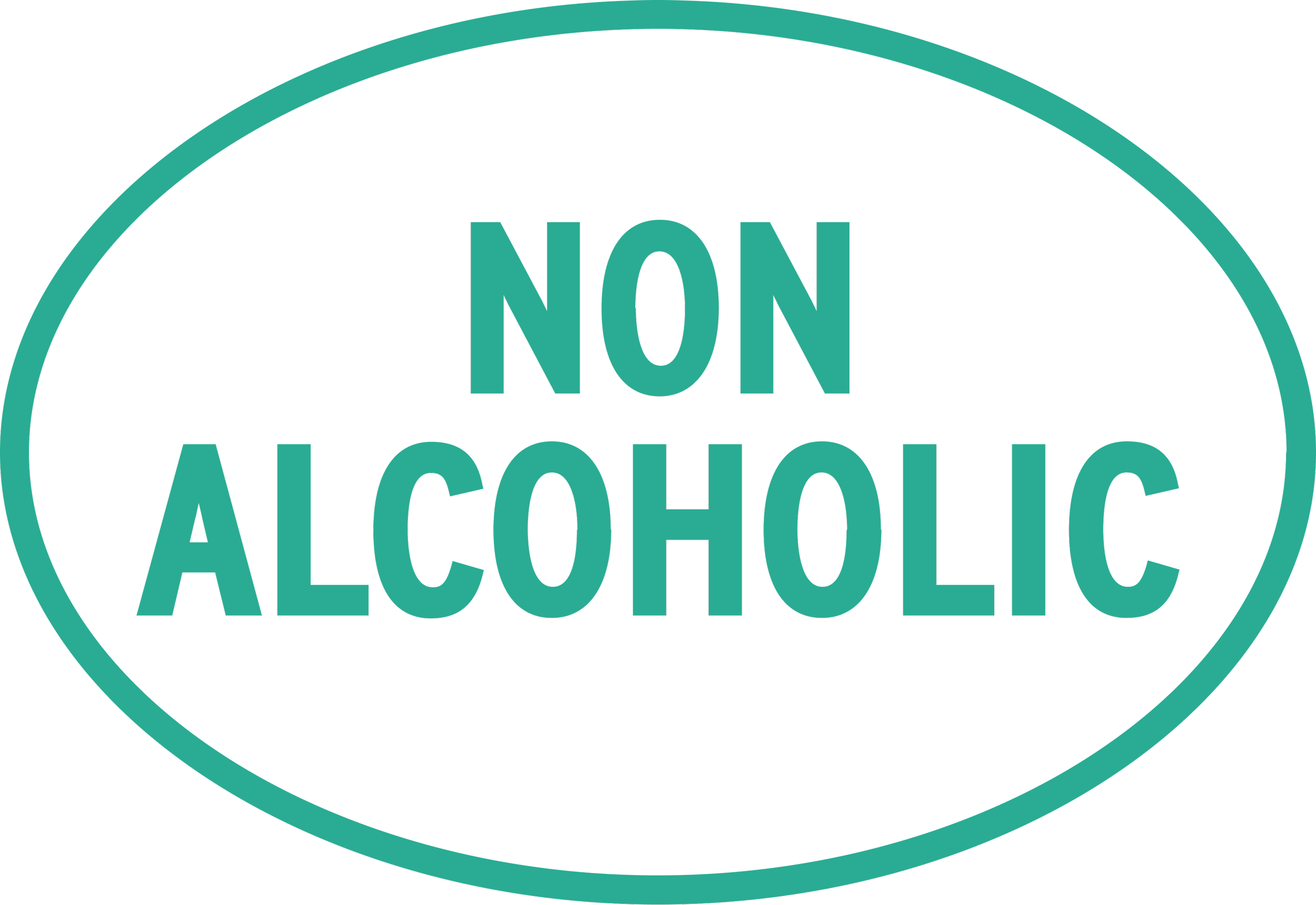 Non-alcoholic drink label with teal text on black background