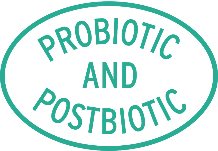 A label with the words Probiotic and Postbiotic in an oval shape, with the word and centered between the two.