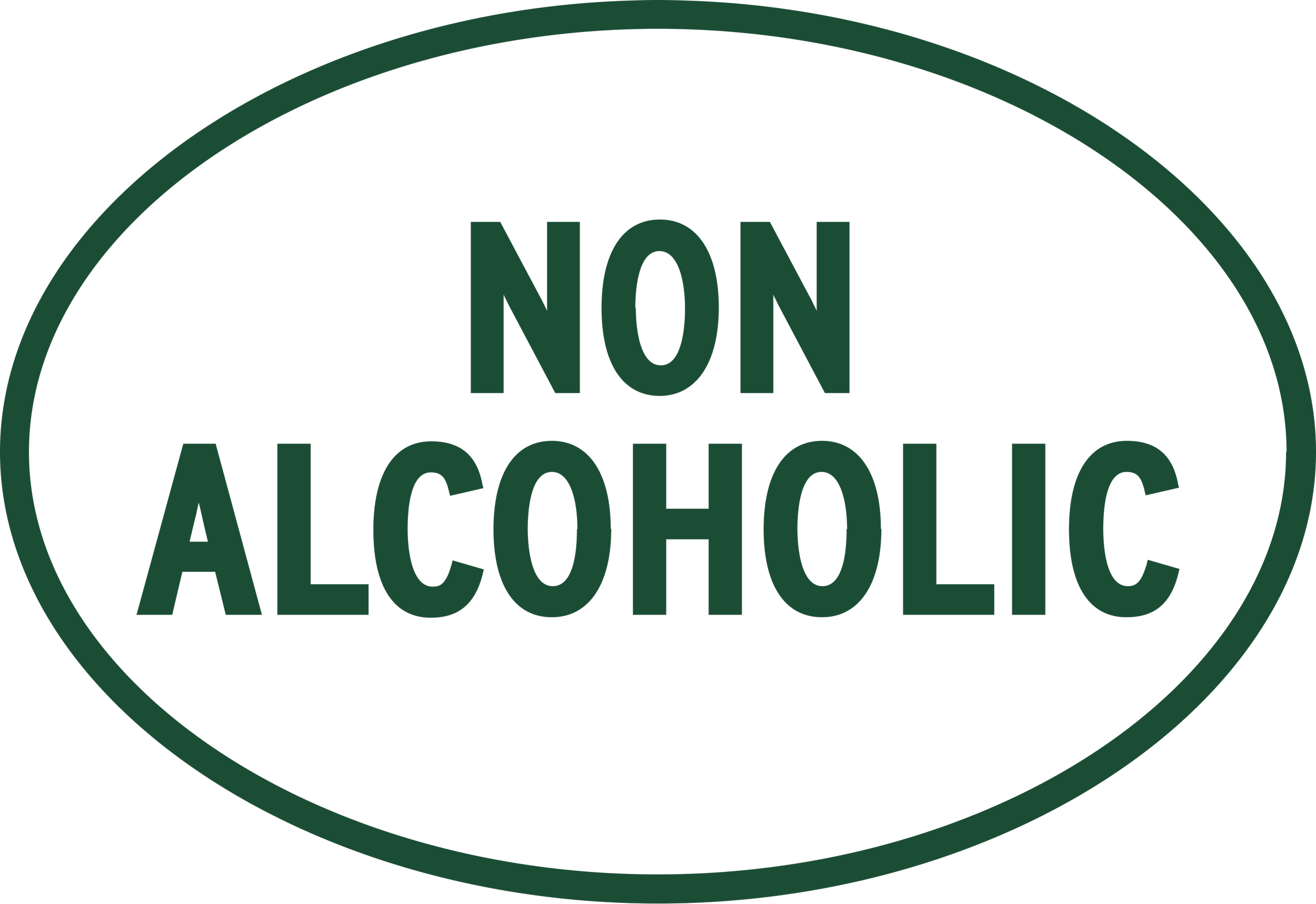 Non-alcoholic label with green text inside an oval