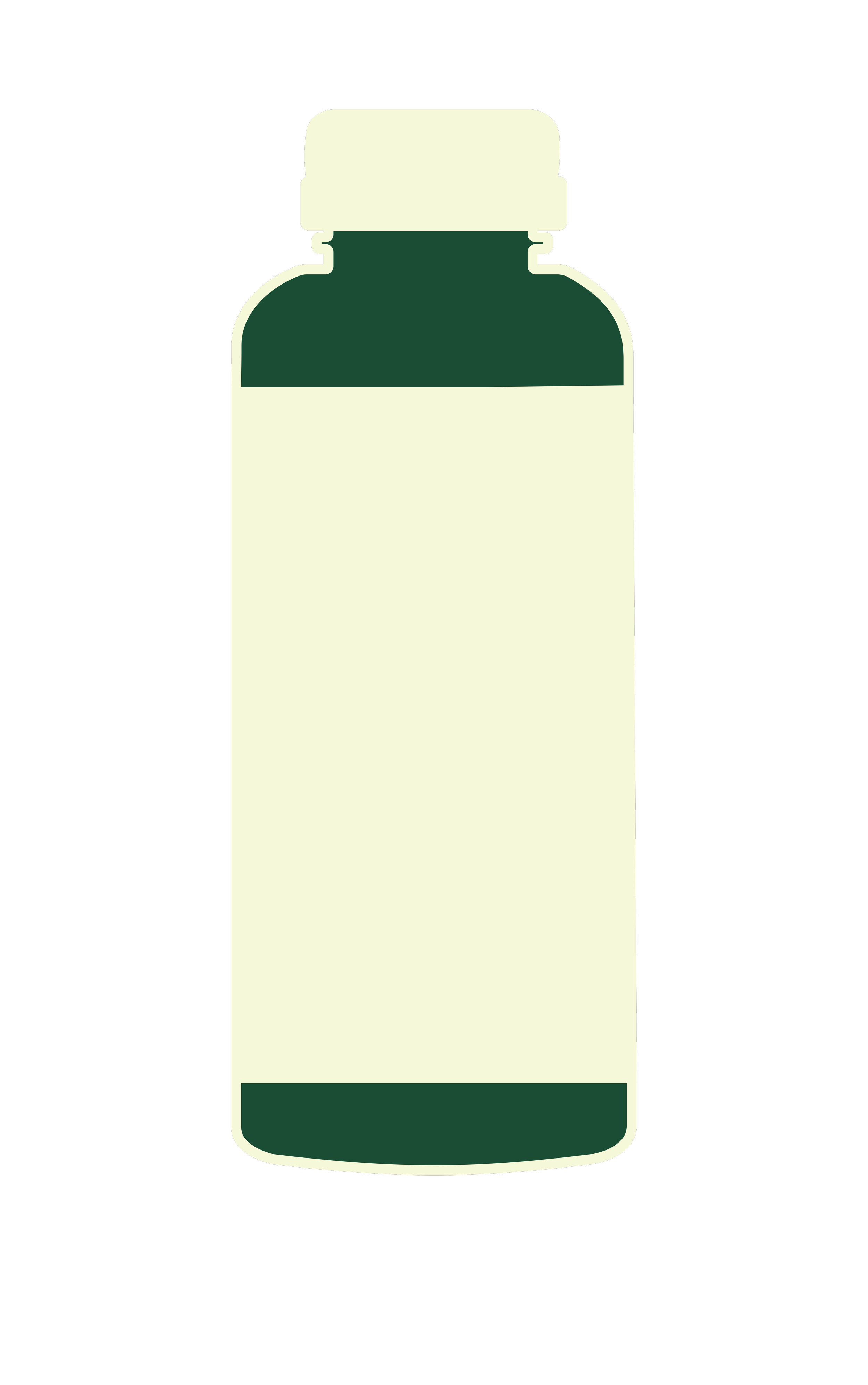 Digital illustration of a pill bottle with a white cap and dark green label on a black background.