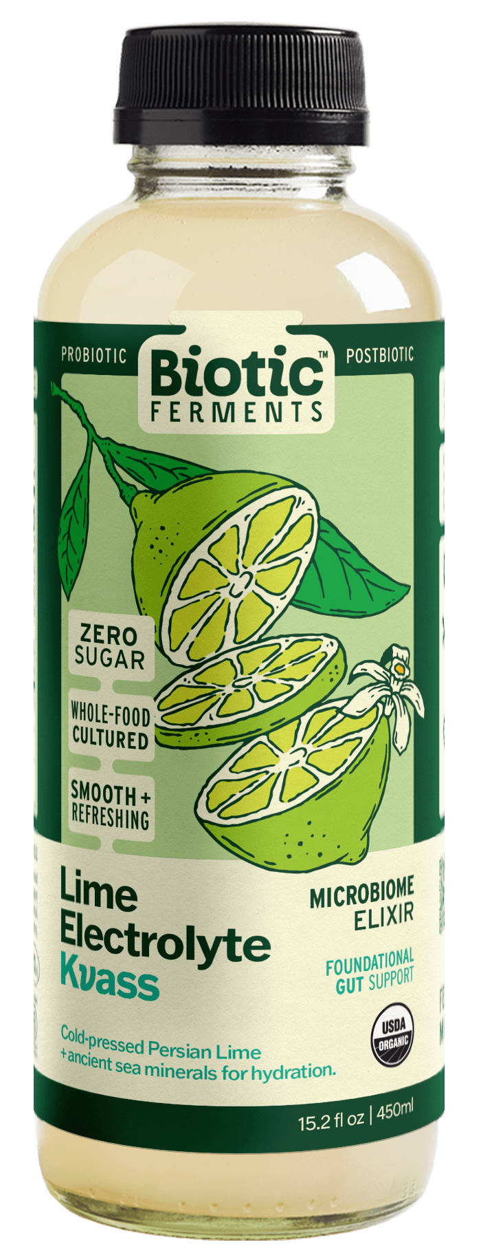 A bottle of Biotic Ferments Lime Electrolyte Kuass, containing probiotics. The label has an illustration of limes, a lemon with leaves, and a flower, with text highlighting it as a zero sugar, whole-food cultured, smooth and refreshing microbiome elixir for hydration.