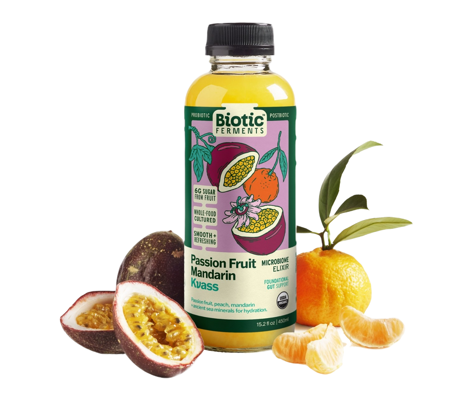 A bottle of Biotic Ferments Passion Fruit Mandarin Kvass probiotic drink, surrounded by fresh passion fruit (whole and halved), a peeled mandarin orange, and mandarin slices.