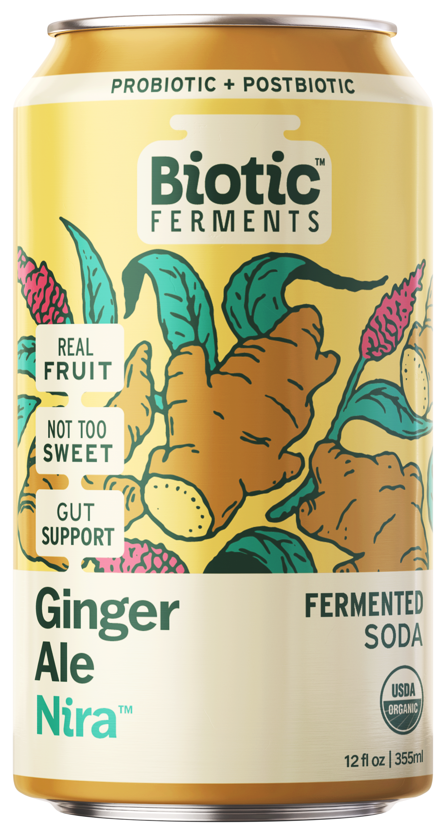 A can of Biotic Ferments Ginger Ale Nira with probiotic and postbiotic claims, real fruit ingredients, and organic certification. The label highlights benefits like gut support and not too sweet taste.