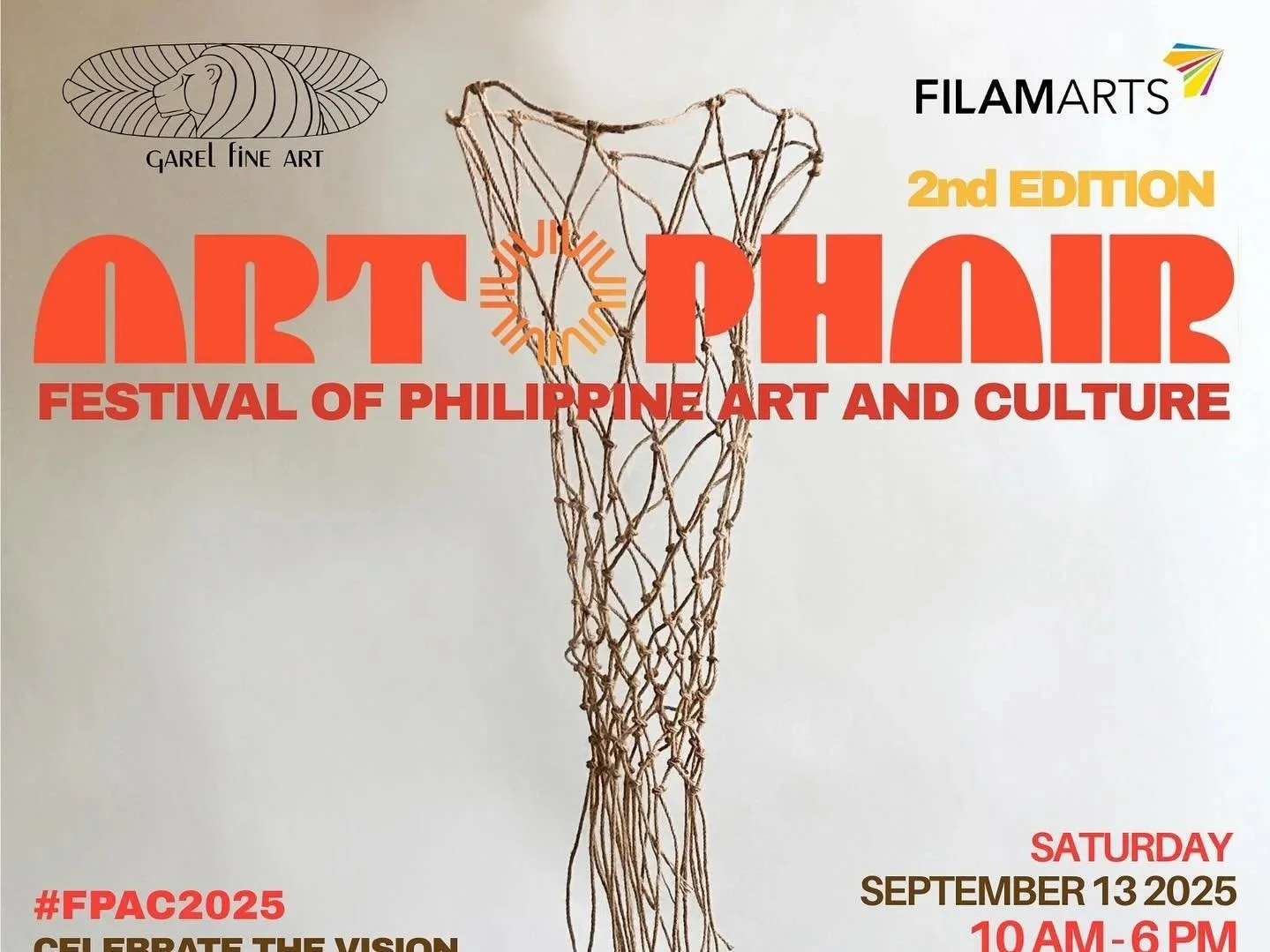 Poster for the Art Phone Festival of Philippine Art and Culture, 2nd edition, scheduled for Saturday, September 13, 2025, from 10 AM to 6 PM, featuring a wire sculpture of a phallic shape and a logo of a lion with a stylized wing.