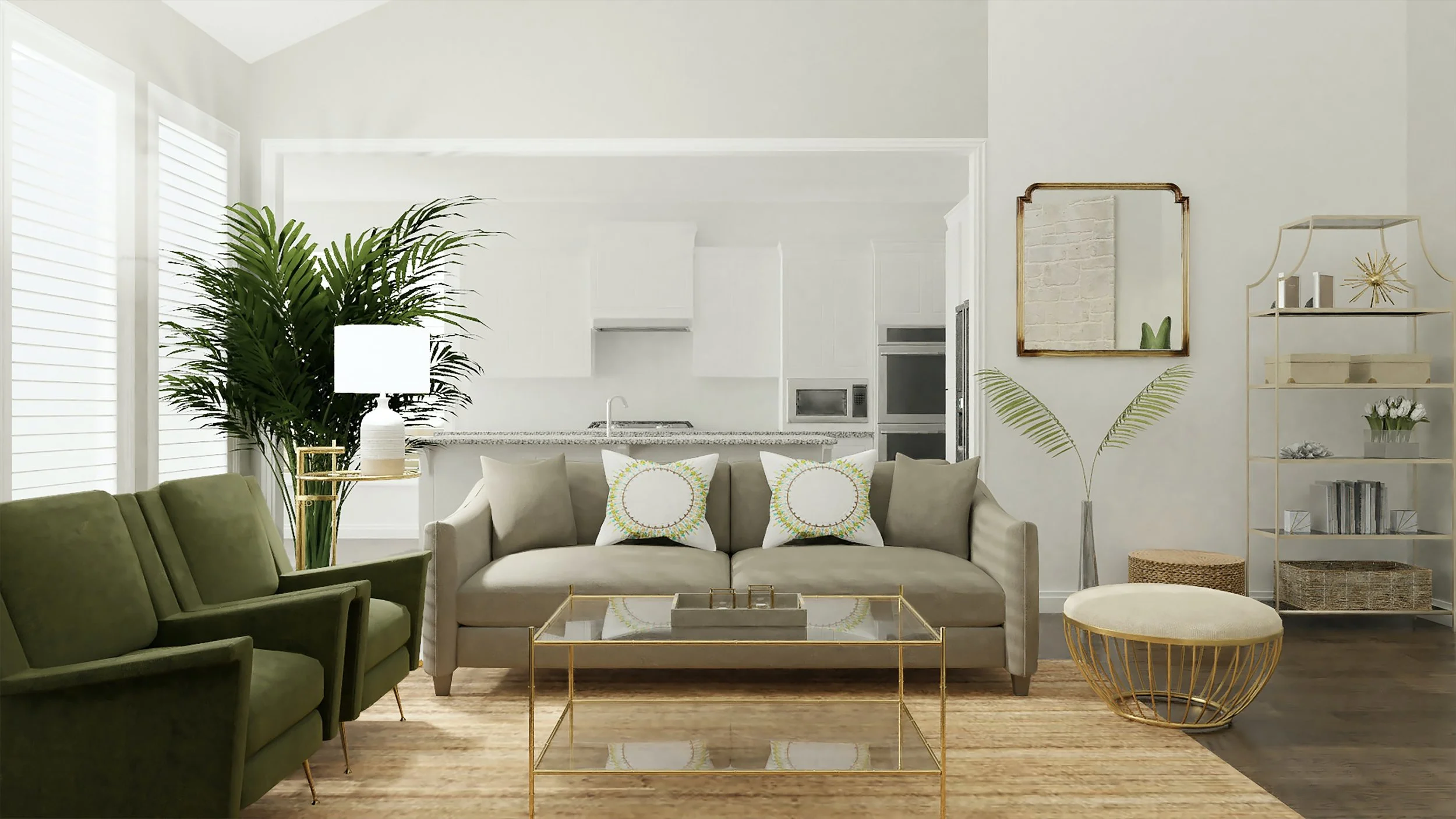 Modern living room with green armchairs, a beige sofa with decorative pillows, a glass coffee table with gold accents, a large indoor plant, a mirror on the wall, and a shelving unit with decor, with the kitchen visible in the background.