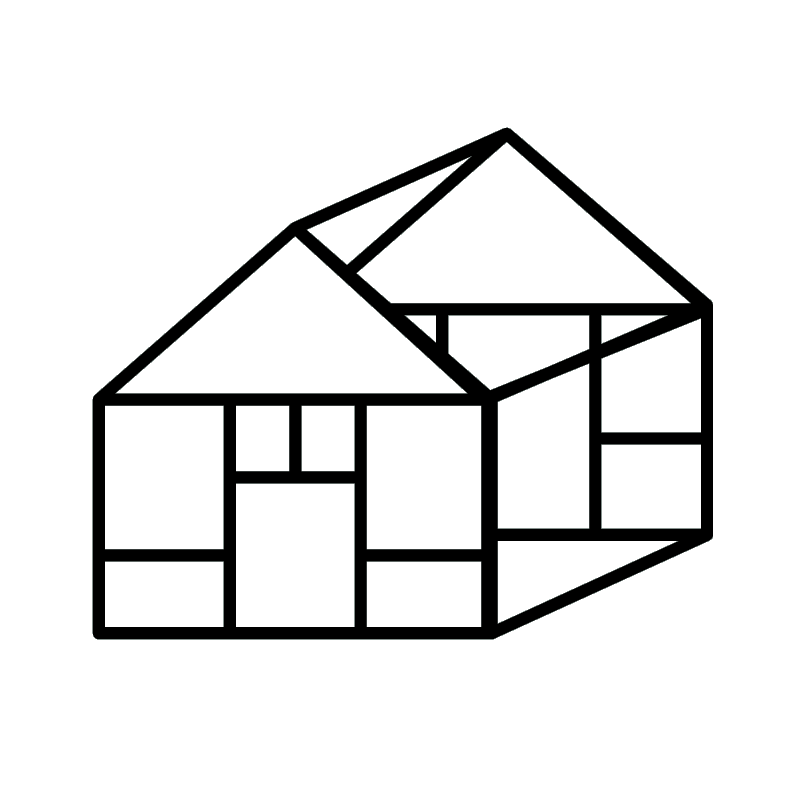 A black-and-white blueprint of a two-story house with a gabled roof, multiple windows, and structural details.