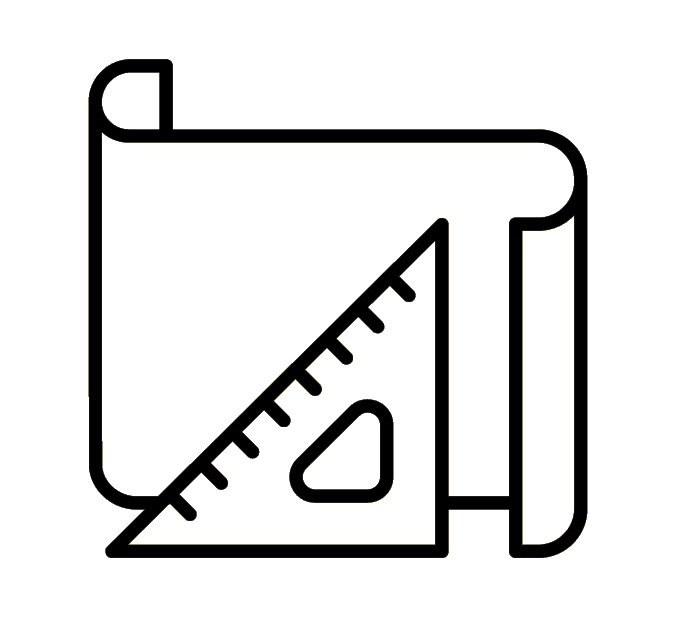 Outline drawing of a notebook, a ruler, and a set square on a black background.