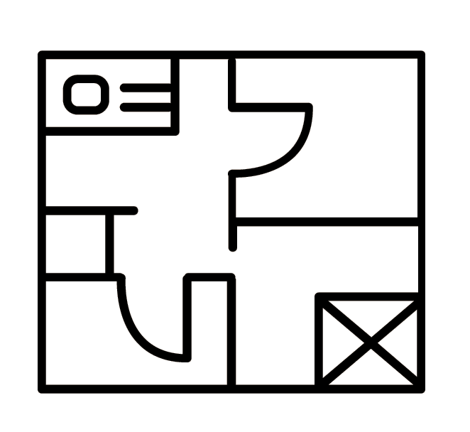 Floor plan of a small building showing a bathroom, a room with a sink, a toilet, and a shower or bathtub, with an additional enclosed space marked with an X.