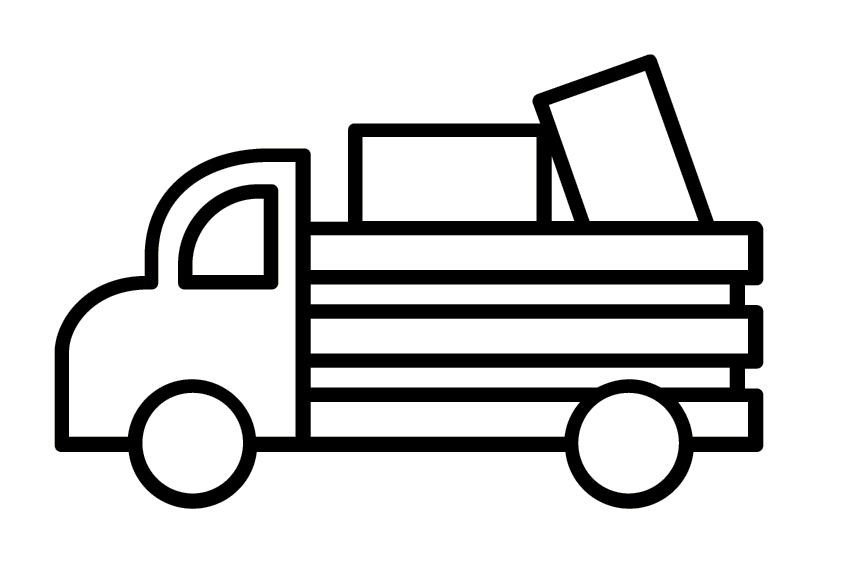 Outline drawing of a pickup truck with a tablet or device in the truck bed.