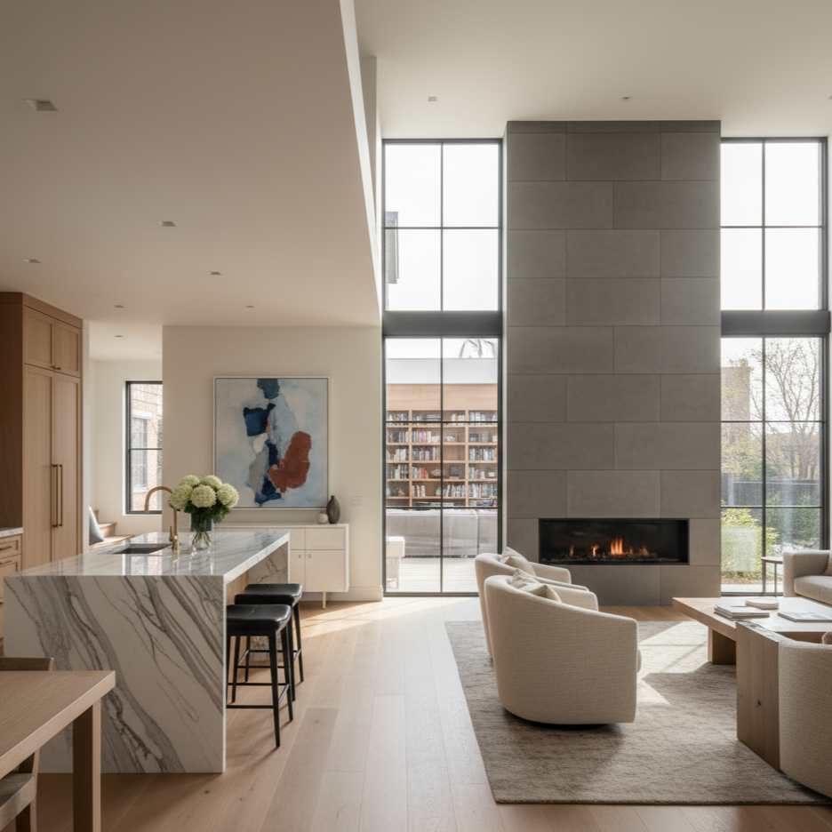 Modern living room with fireplace, beige armchairs, large windows, bookshelf, and minimalist decor.