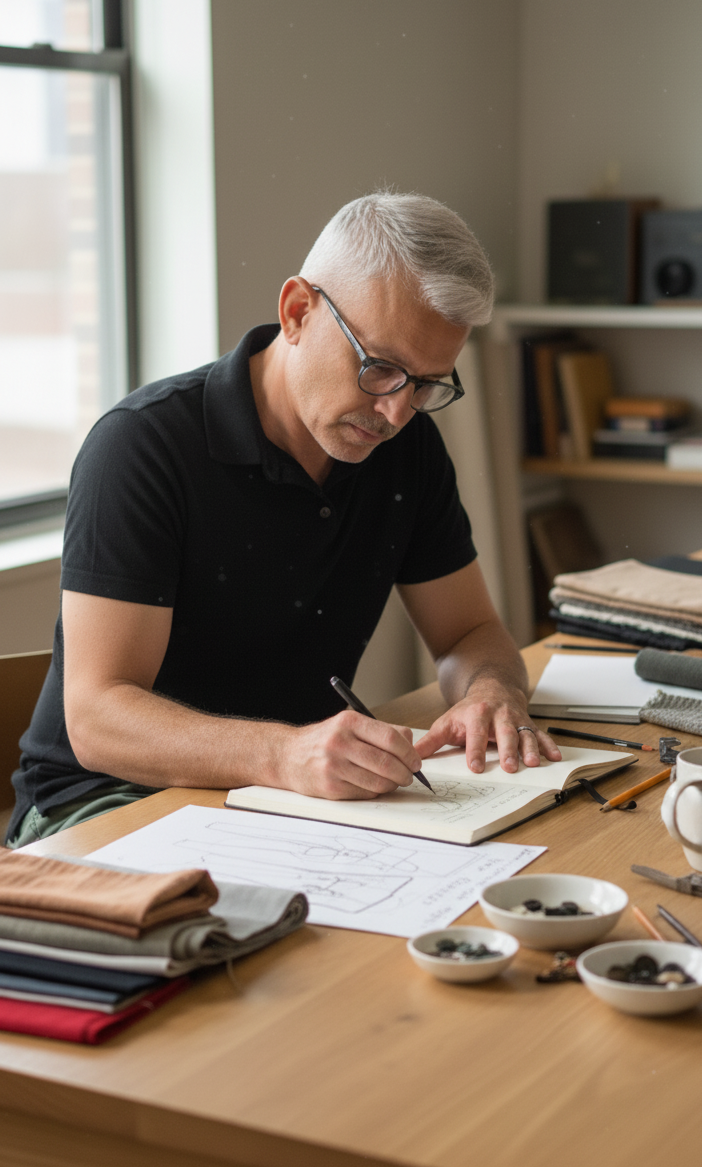 A middle-aged man with gray hair and glasses wearing a black polo shirt, sitting at a wooden desk, drawing or writing in an open notebook.