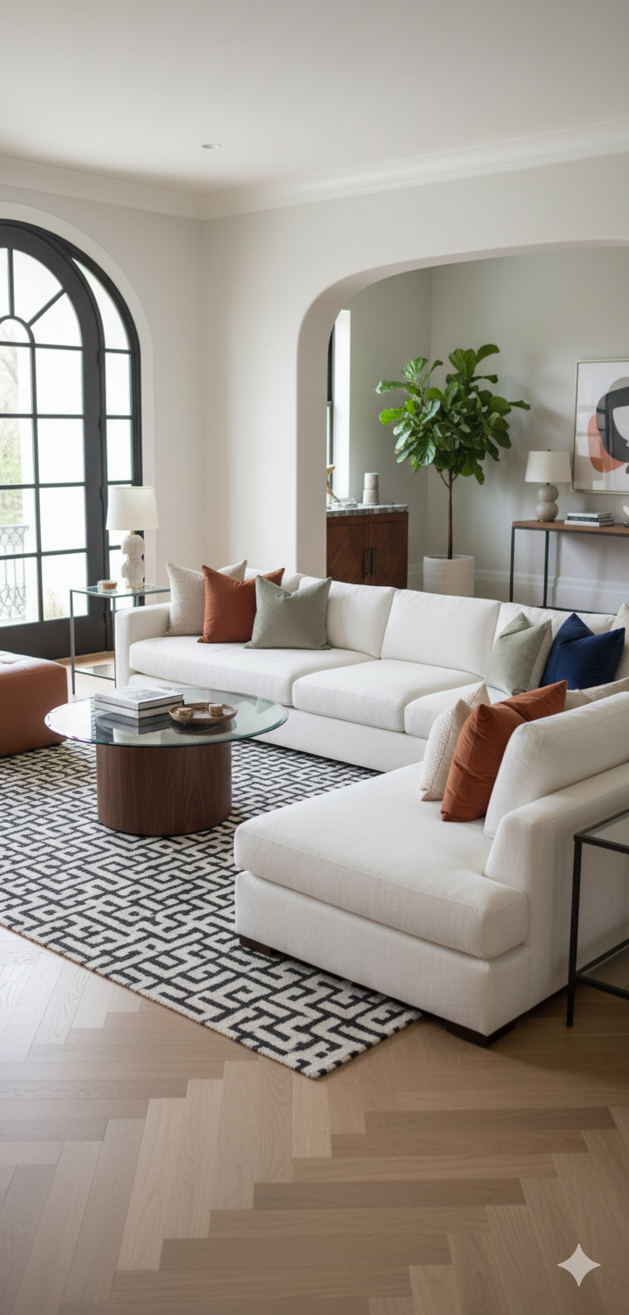 Modern living room with white sofa, colorful pillows, glass coffee table, patterned rug, black-framed arched window, side table with lamp, decorative plants, and abstract art