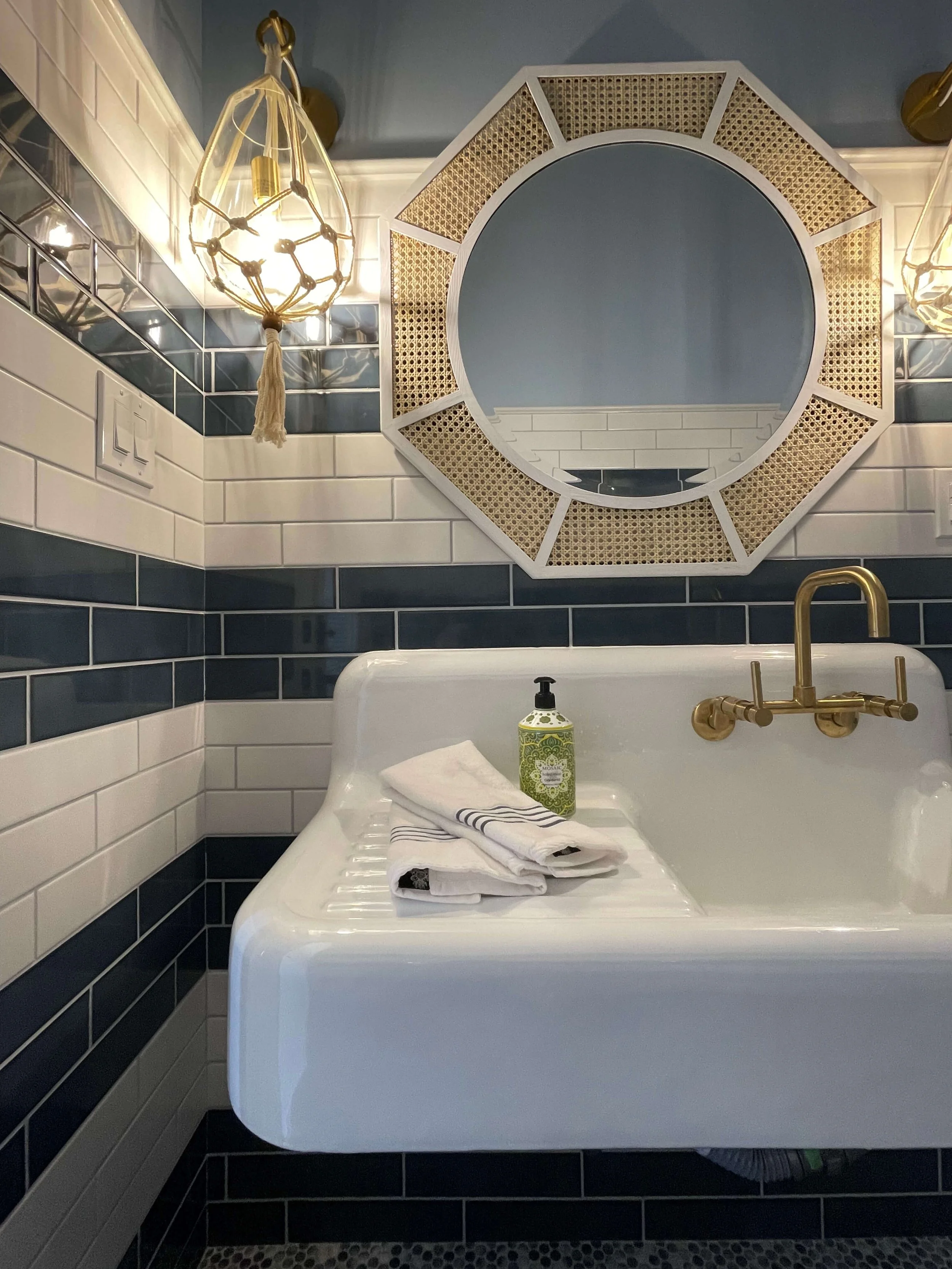 Blue and white striped tile wall