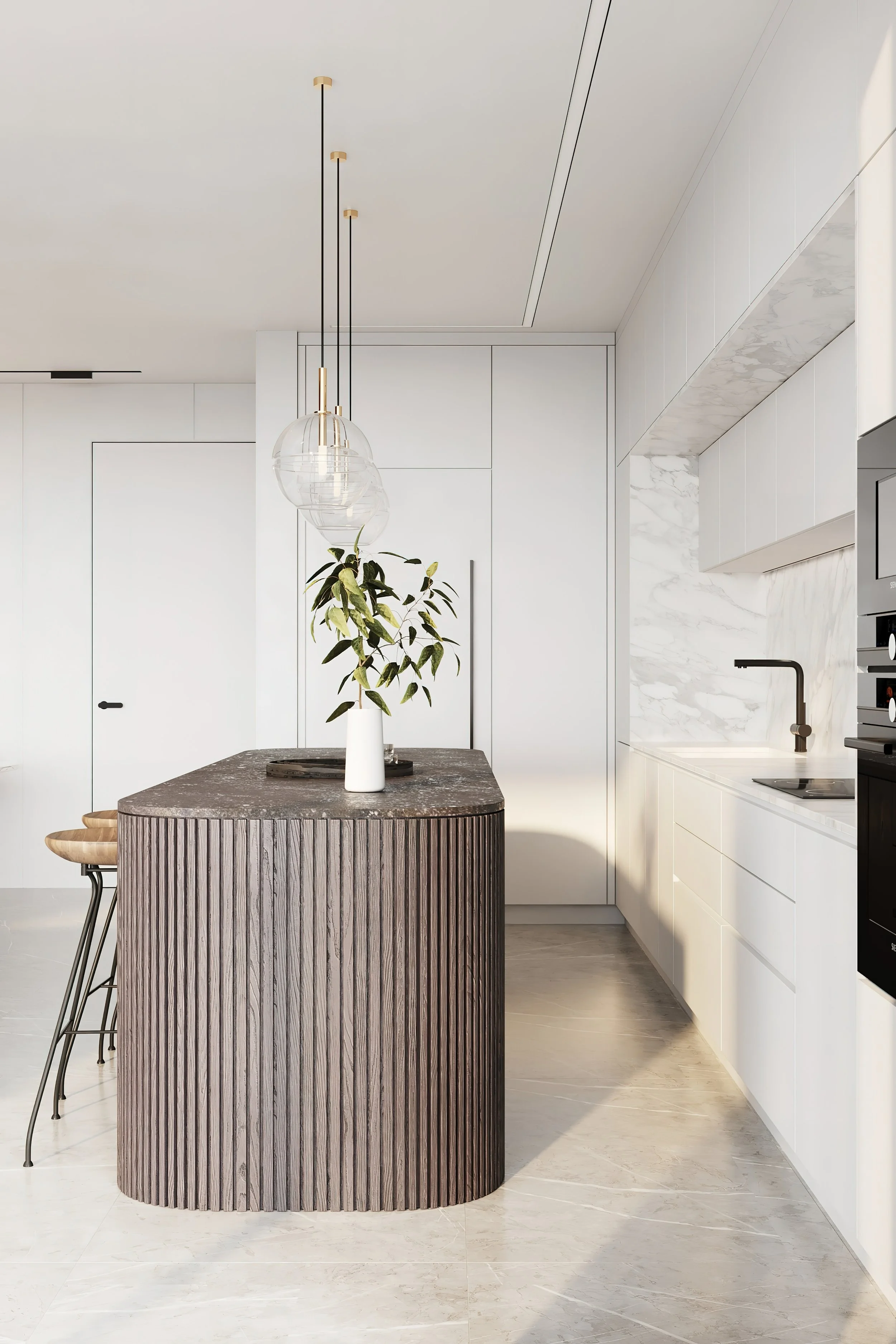 Modern minimalistic kitchen with white cabinets, marble backsplash, black faucet, black oven, and a kitchen island with a dark ribbed wooden exterior topped with a vase of green foliage and a pendant light with three glass shades hanging above.