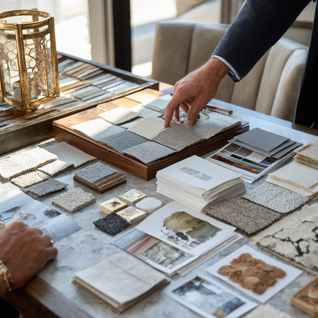 Interior design sketches of a modern living room with furniture and large windows on a wooden drafting table in a well-lit workspace.