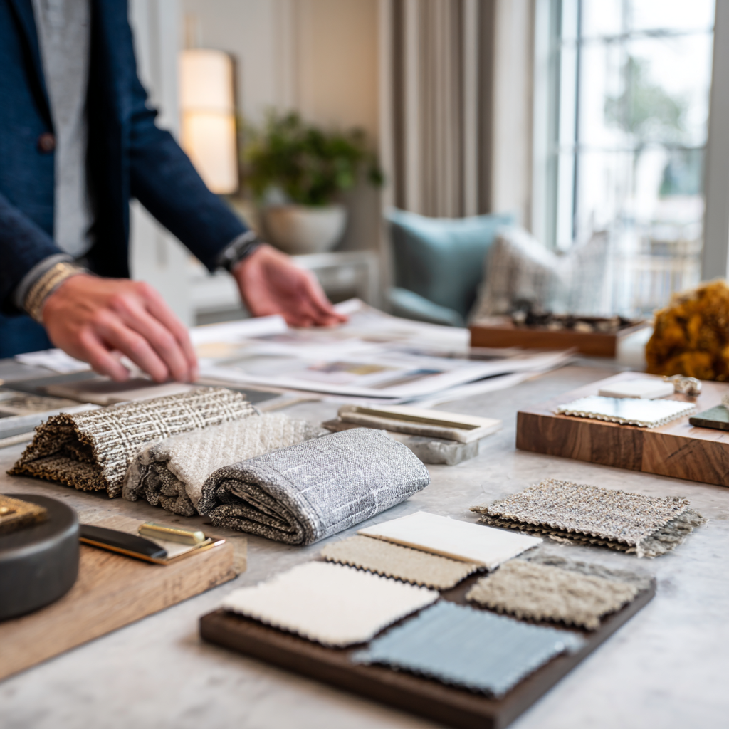 Interior design office with fabric swatches and mood boards on a table.