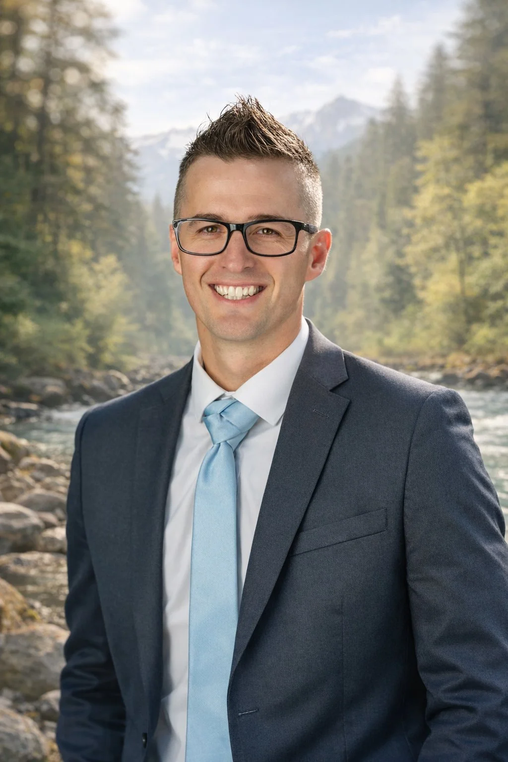 A smiling man in a suit and tie standing outdoors with a river and mountains in the background.