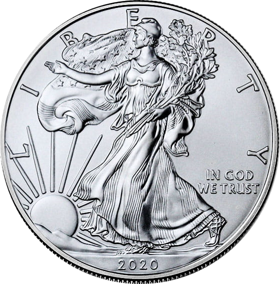 Close-up of a 2020 American silver dollar coin featuring Lady Liberty walking forward, holding long branches in her left arm, with her right arm extended outward. The background shows a rising sun, and the inscriptions include 'LIBERTY,' 'IN GOD WE TRUST,' and the year '2020.'