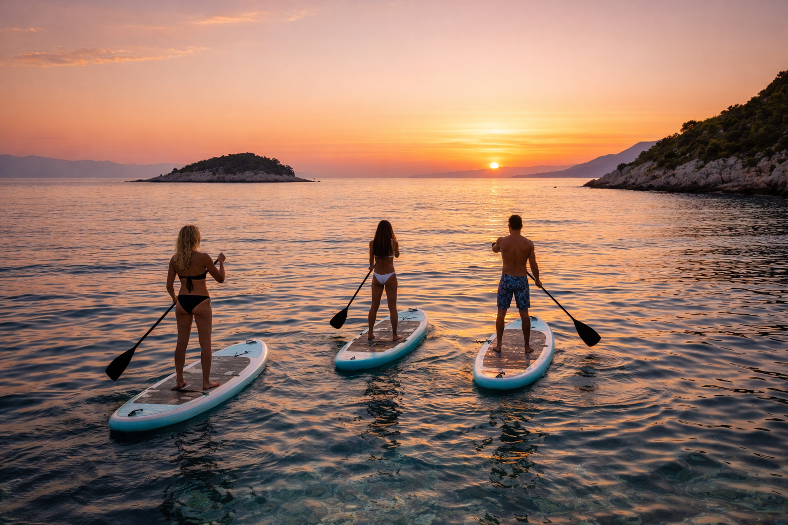 Three people paddleboarding on the water during sunset with a small island and mountains in the background.