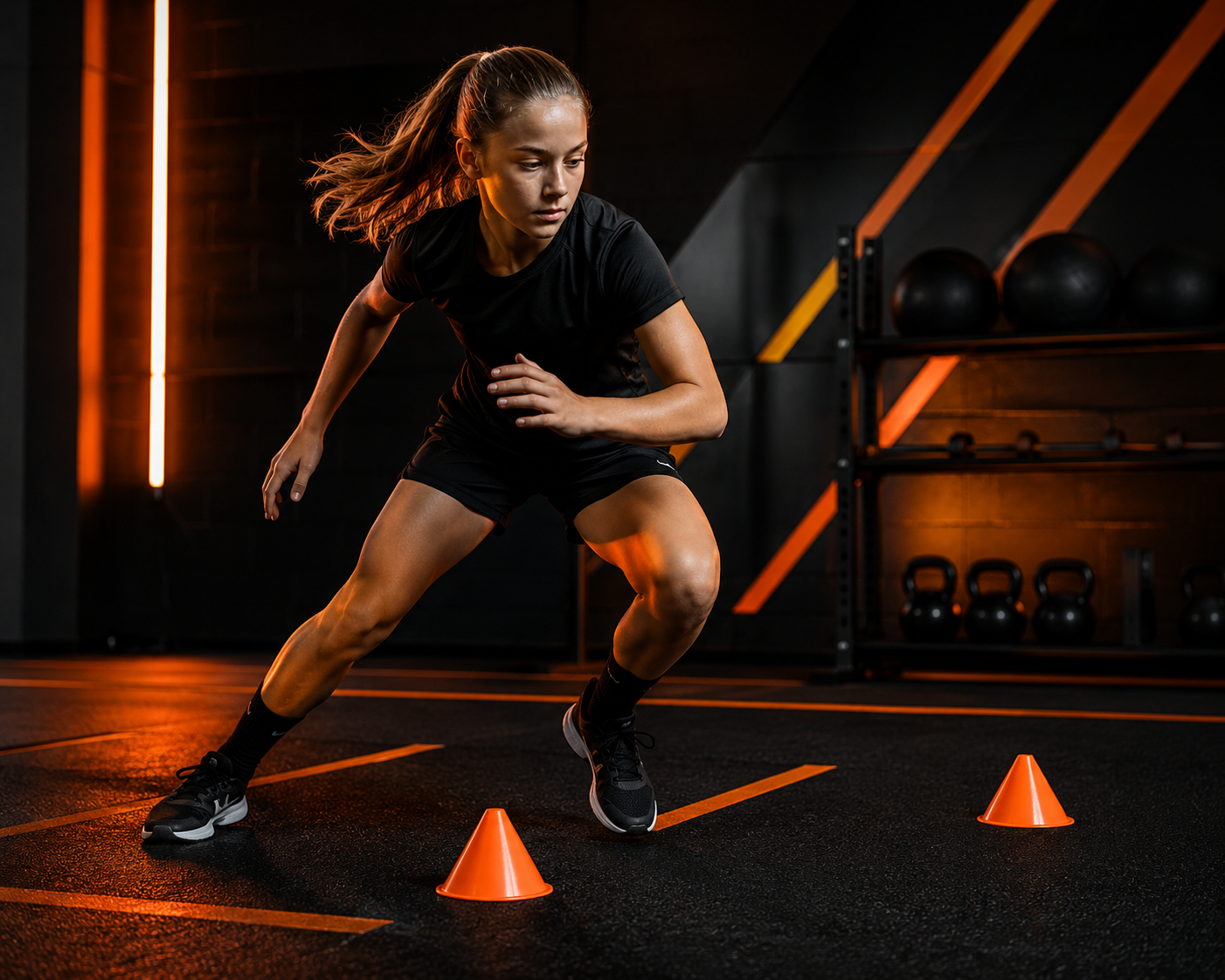A young woman in black athletic attire and running shoes performing agility drill in a dimly lit gym with orange cones.