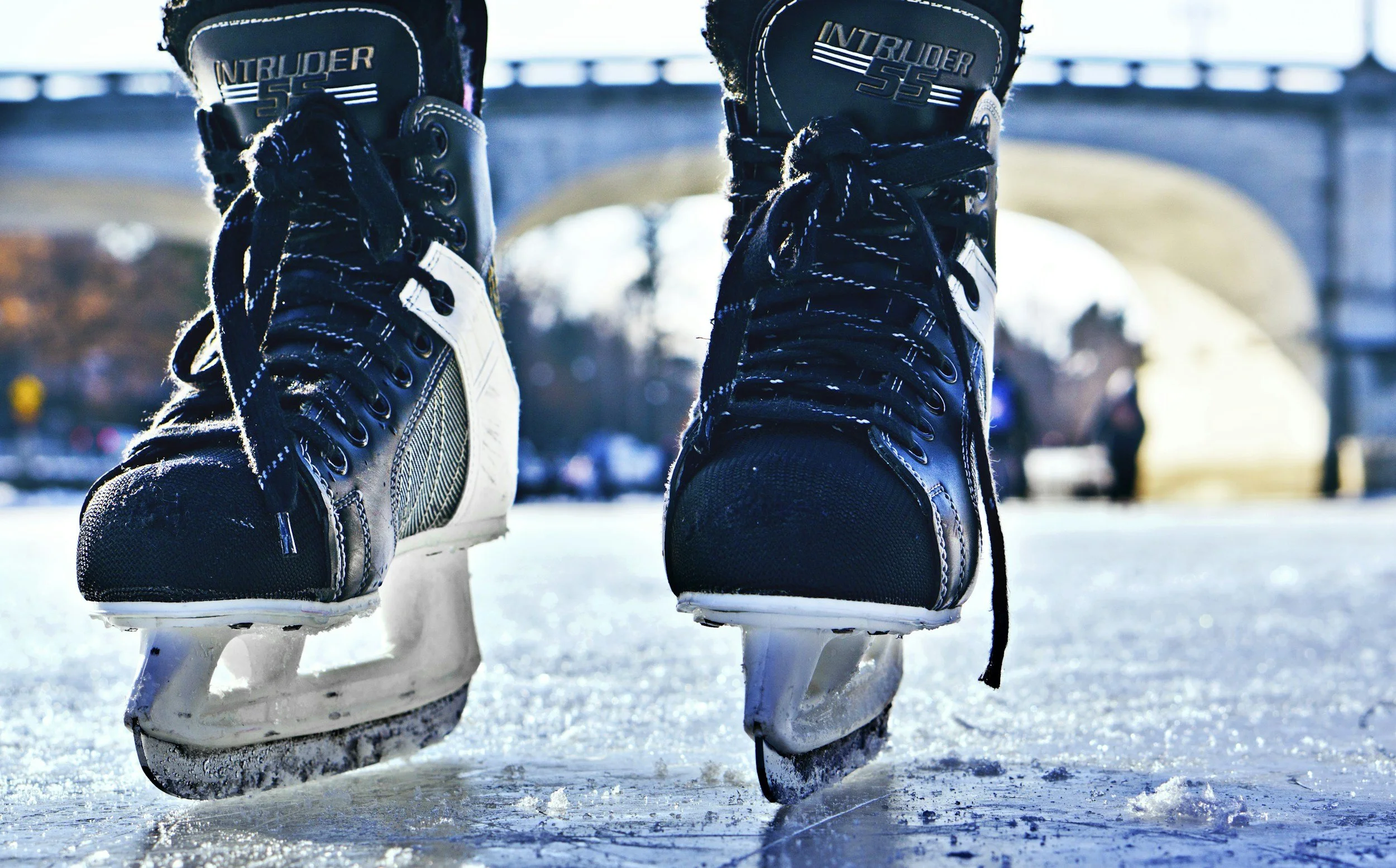 Close-up of ice skates with black and white boots on an ice rink.