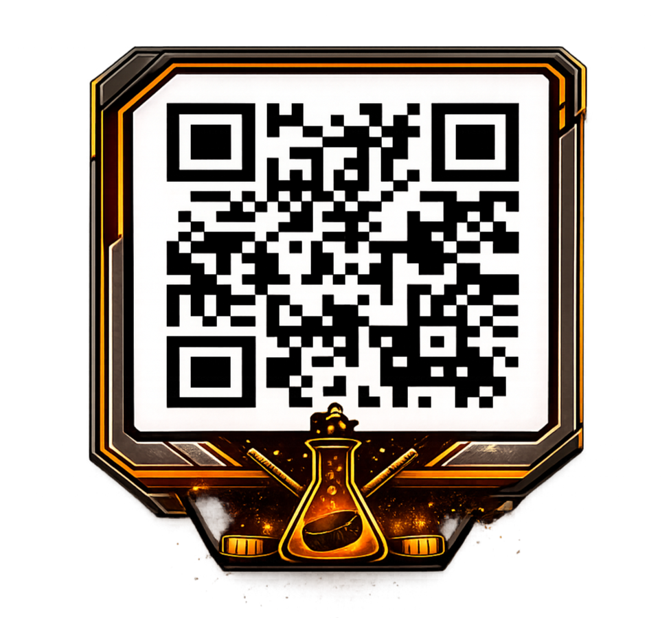 A QR code surrounded by a science-themed design with a laboratory flask and two crossed pipes.