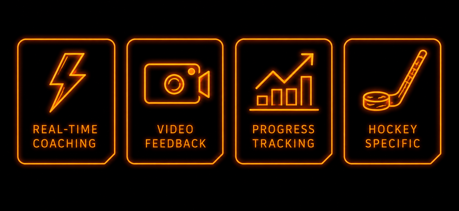 Neon sign with four icons: a lightning bolt labeled 'Real-Time Coaching,' a video camera labeled 'Video Feedback,' a rising bar graph labeled 'Progress Tracking,' and a hockey stick with a puck labeled 'Hockey Specific.'