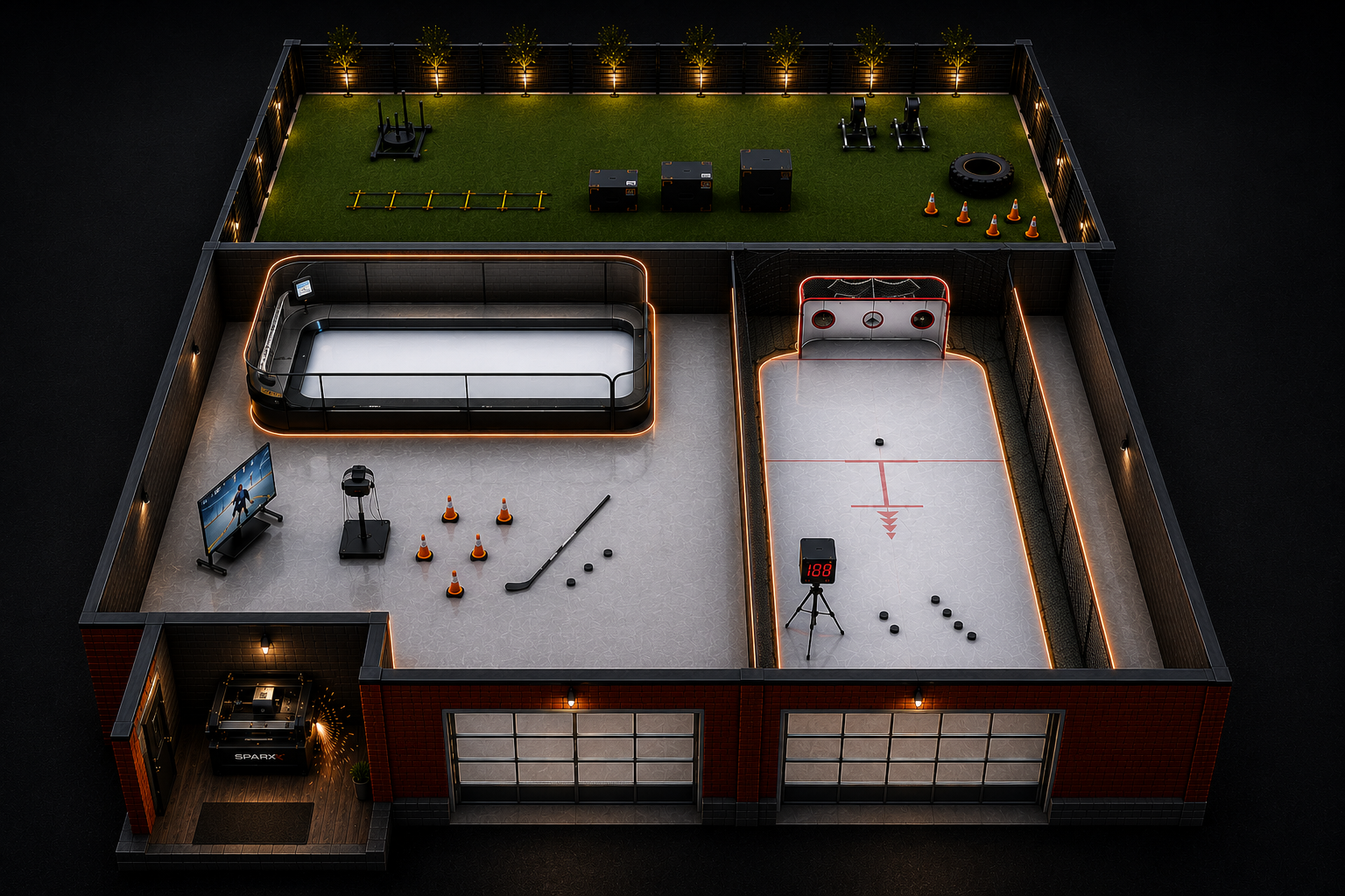 An indoor recreation and training facility with an outdoor turf area, an ice skating rink, a hockey training area, and various sports equipment and tech, including cones, hockey sticks, pucks, a shooting target, and a hockey net.