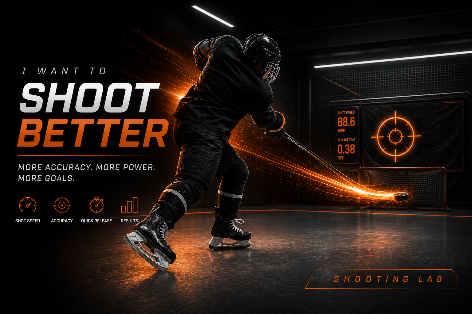 Hockey player in black gear shooting a puck on an indoor ice rink with high-tech graphics and stats displayed