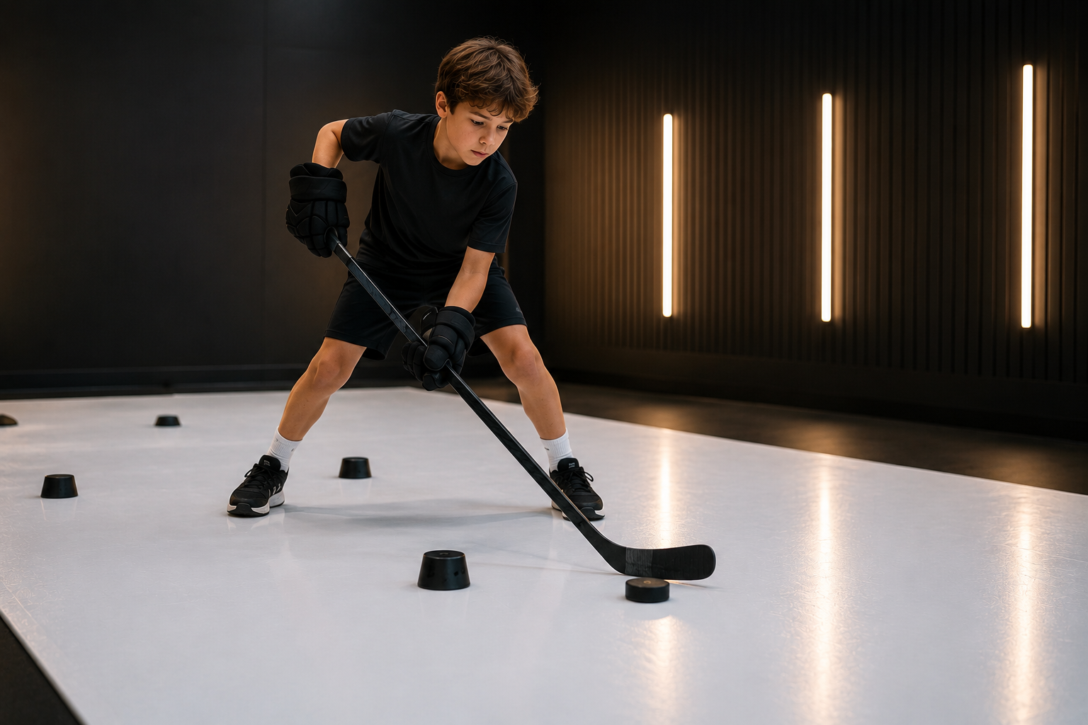 Young boy playing hockey on an indoor rink, wearing black athletic clothing, gloves, and black sneakers, handling a hockey stick and puck.