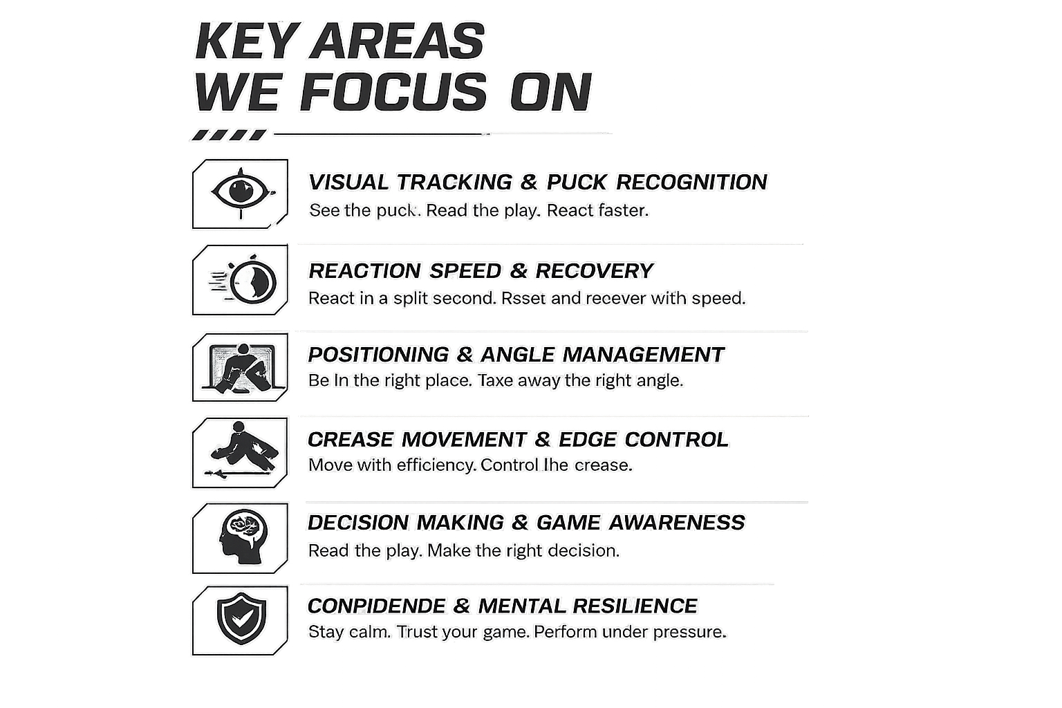 A black and white instructional poster listing key focus areas for hockey players, including visual tracking, reaction speed, positioning, edge control, decision making, and mental resilience, with corresponding icons and brief descriptions.