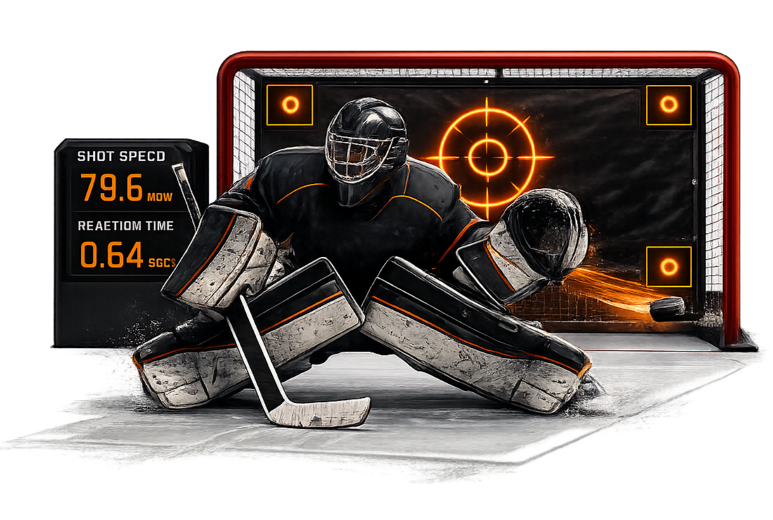 Ice hockey goalie in black uniform and mask in front of a digital display showing shot speed and reaction time, with a hockey goal and a virtual target in the background.