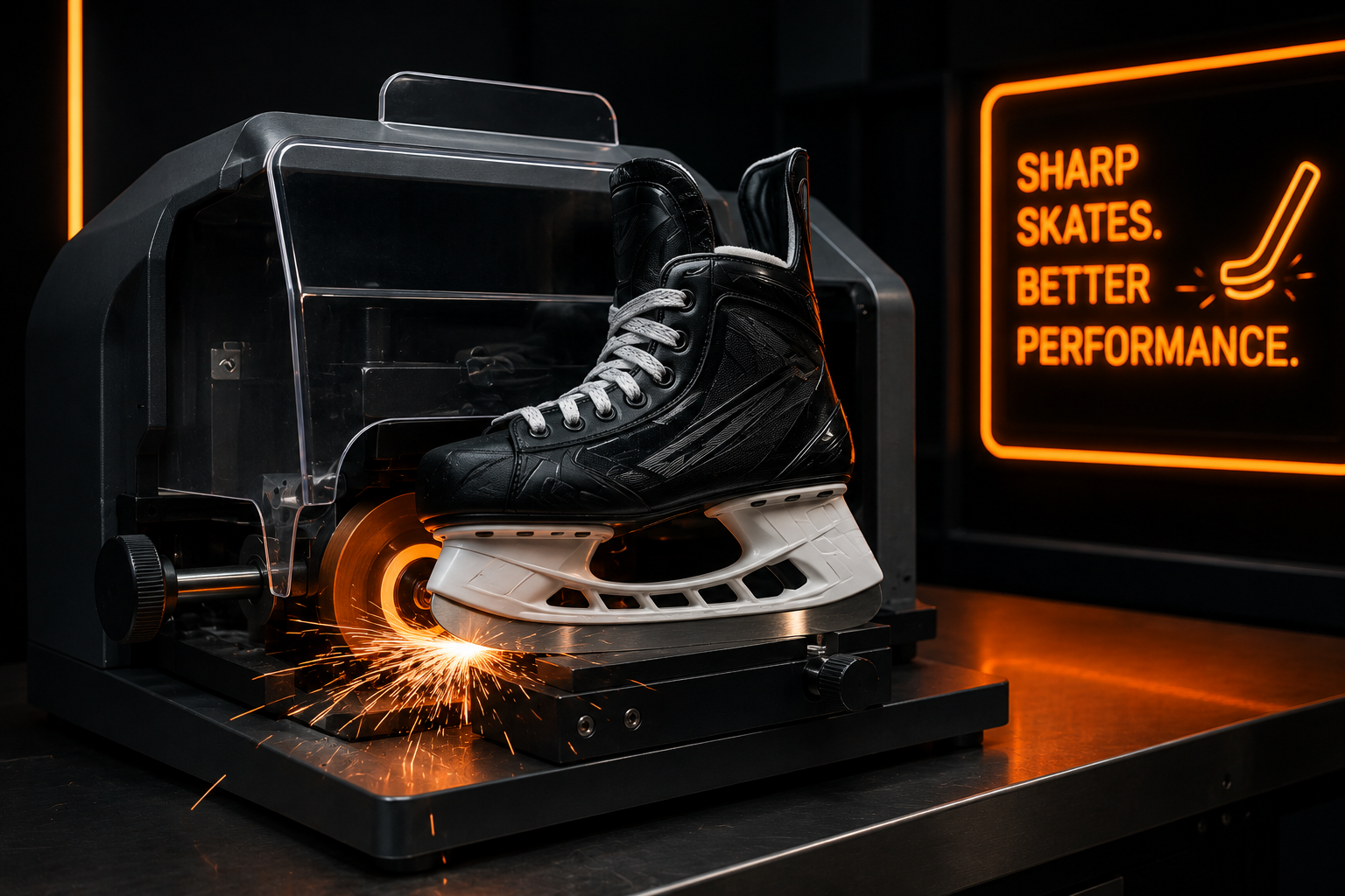 A black ice skate being created using a laser cutter or engraver machine, with sparks flying out from the cutting area. In the background, an illuminated sign reads "Sharp skates. Better performance."