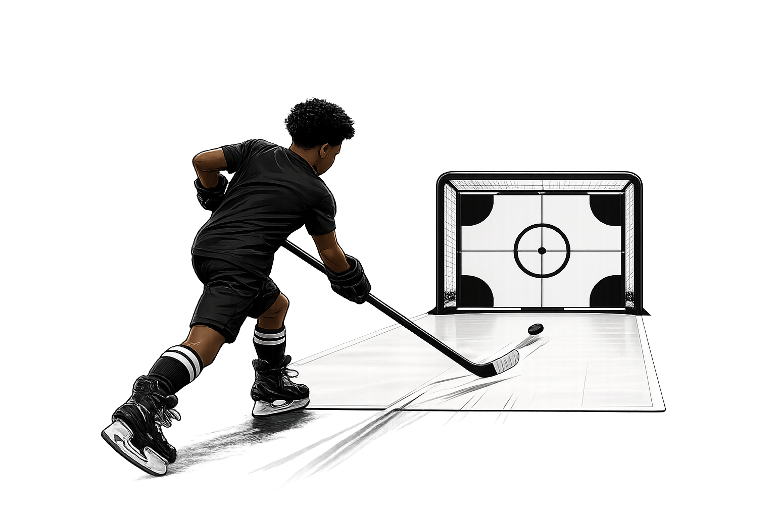 A hockey player in black uniform practicing a shot on goal at an indoor rink with a hockey net and an ice surface.