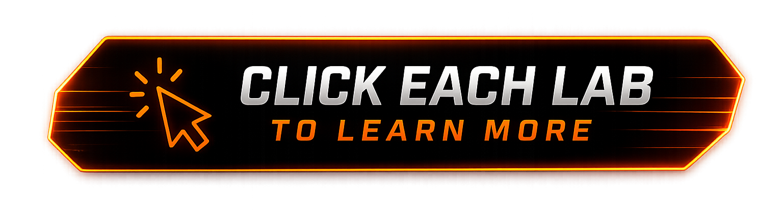 Neon sign with a cursor icon and text 'Click each lab to learn more' on a black background.