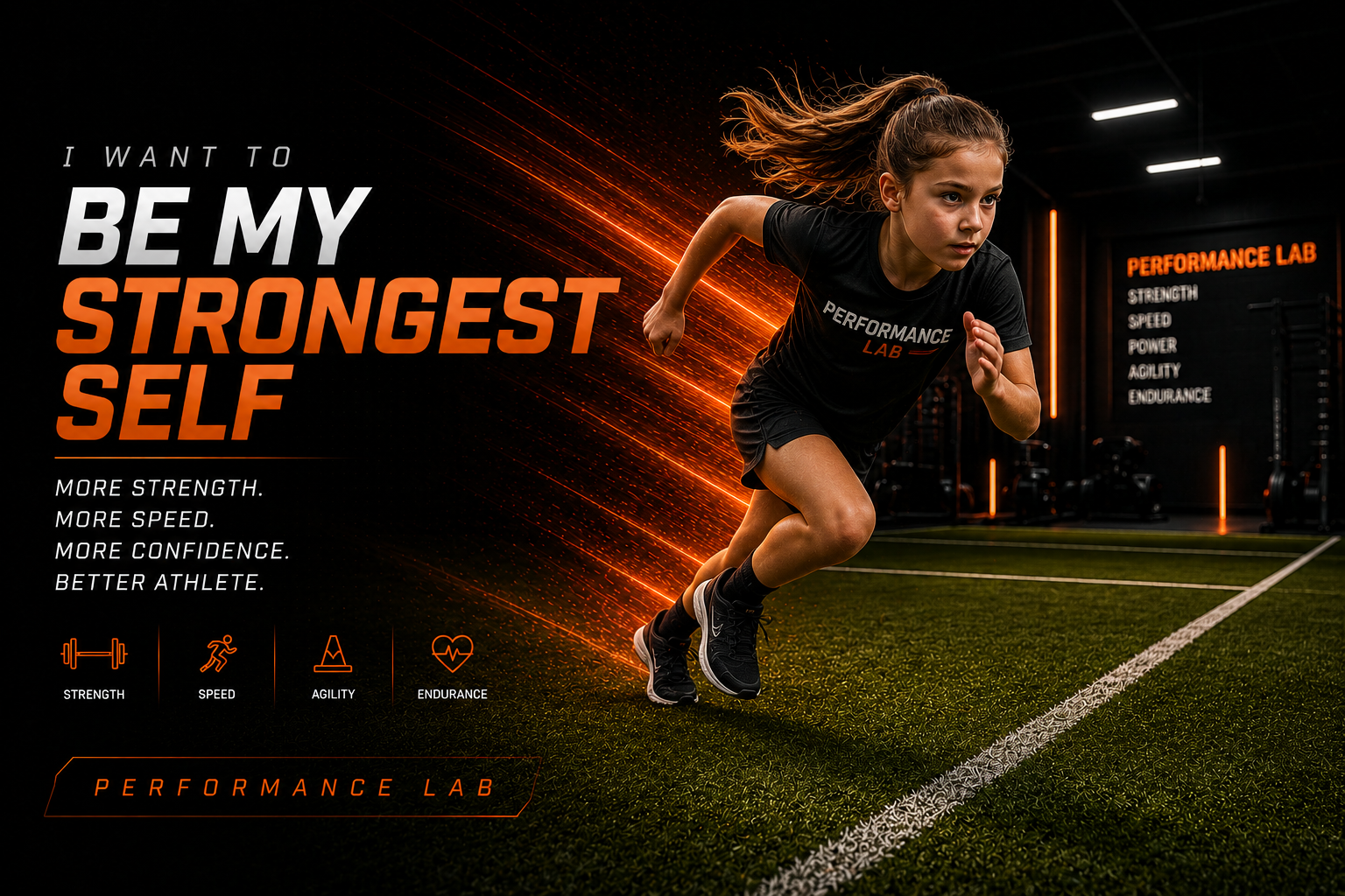 A young girl in black sportswear sprinting forward on a green turf inside a gym labeled 'Performance Lab'. The gym has black walls with equipment, and a sign listing fitness qualities like strength, speed, power, agility, and endurance. Bright orange lines and particles are in the background, emphasizing motion.