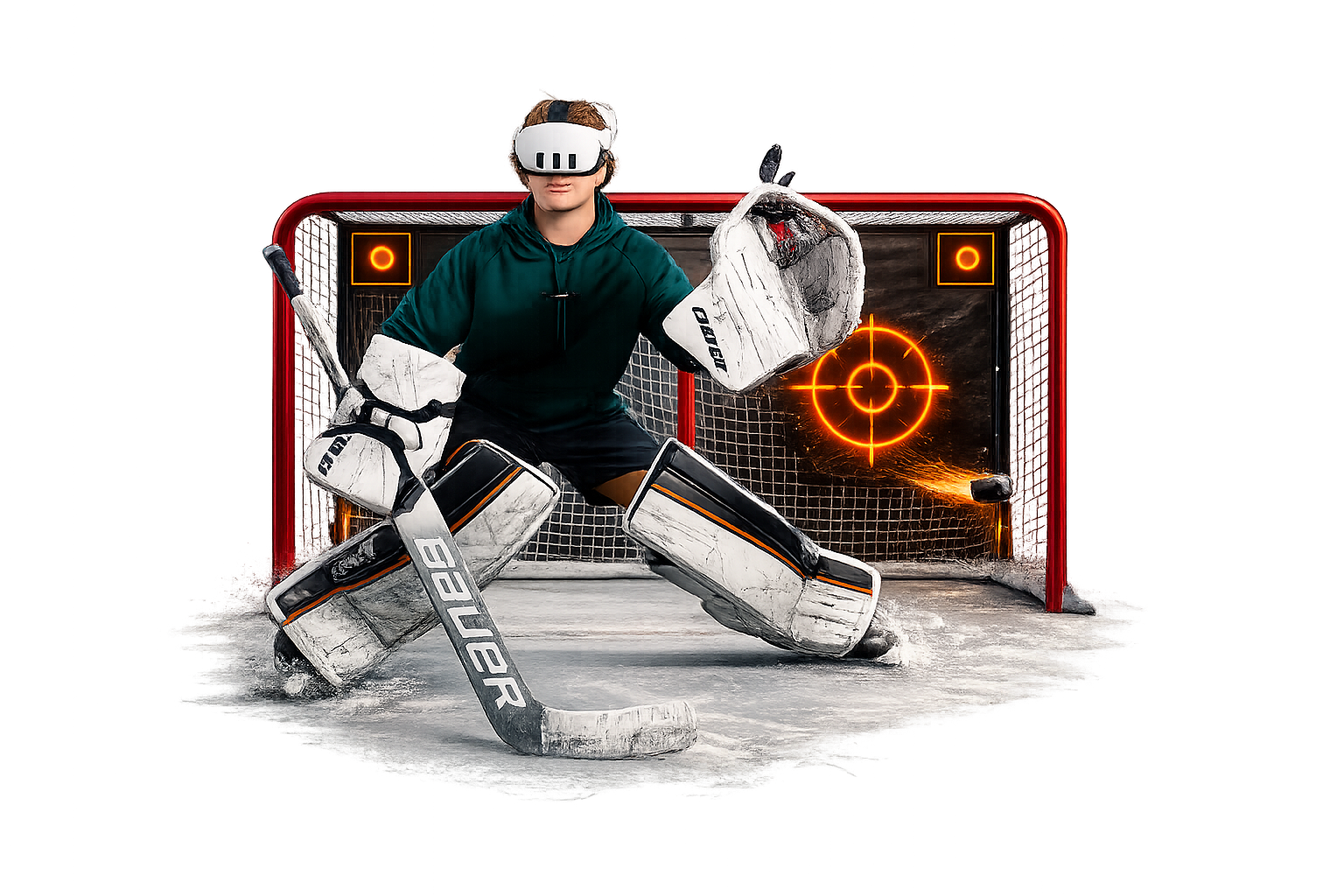 An ice hockey goalie in full gear, including pads, helmet, and gloves, stands in front of a goal net on an ice rink, with a digital target overlay and fiery sparks near the puck.