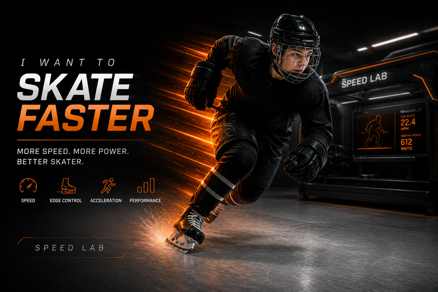 A hockey player in black gear speeds on ice skates in an indoor rink with a digital display in the background showing speed and power stats, with orange lights and motion effects emphasizing fast movement.